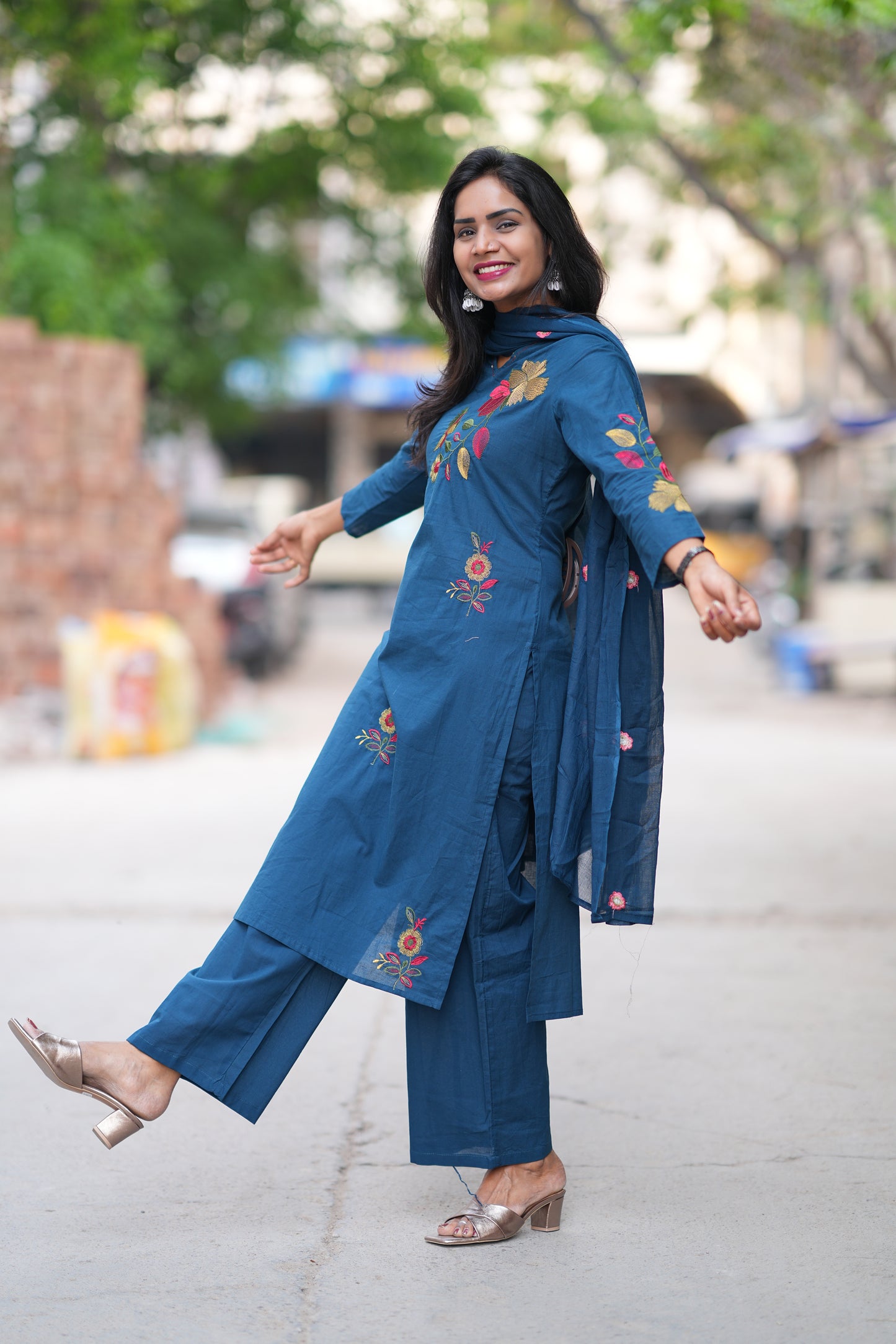 Teal Blue Jaipur Cotton 3 Piece Set With Heavy Embroidery Work