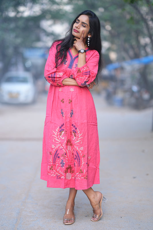 Pink and Blue Combo Party Wear Maxi With Embroidery Work