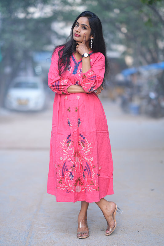 Pink and Blue Combo Party Wear Maxi With Embroidery Work