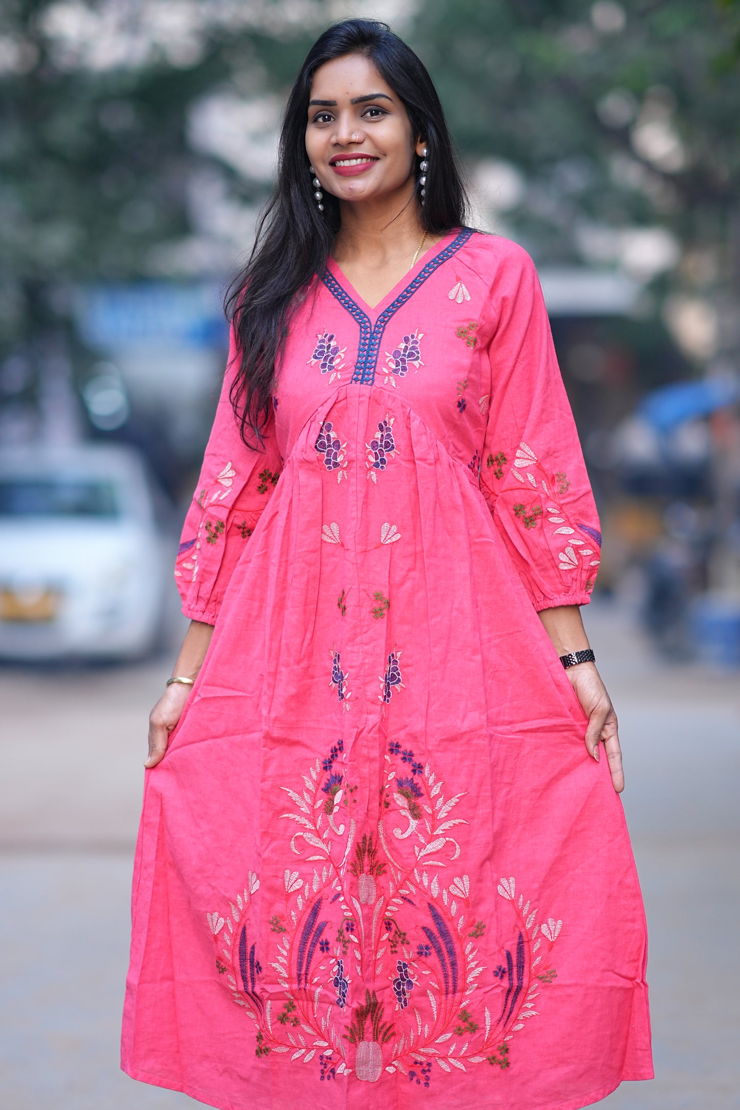 Pink and Blue Combo Party Wear Maxi With Embroidery Work