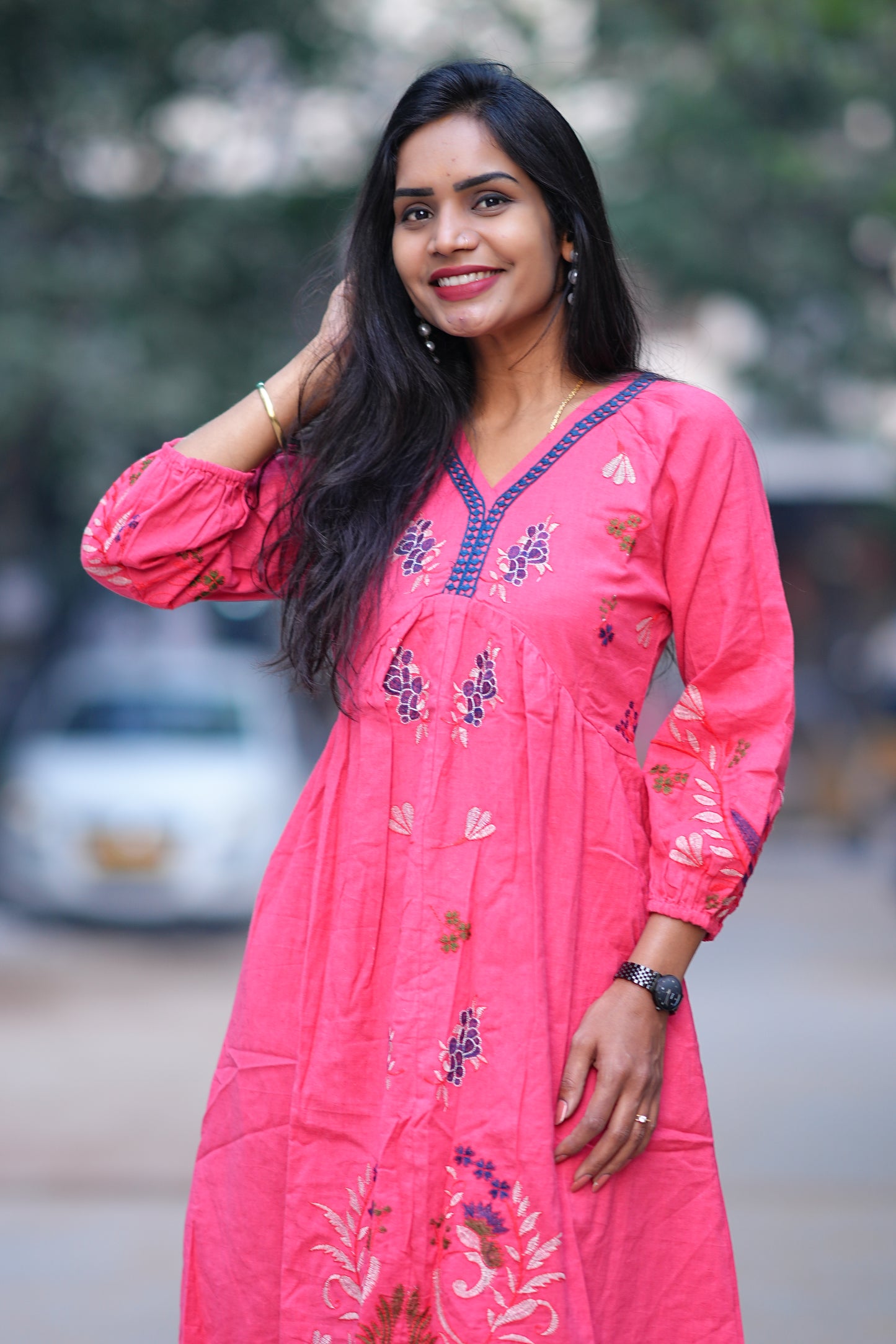 Pink and Blue Combo Party Wear Maxi With Embroidery Work
