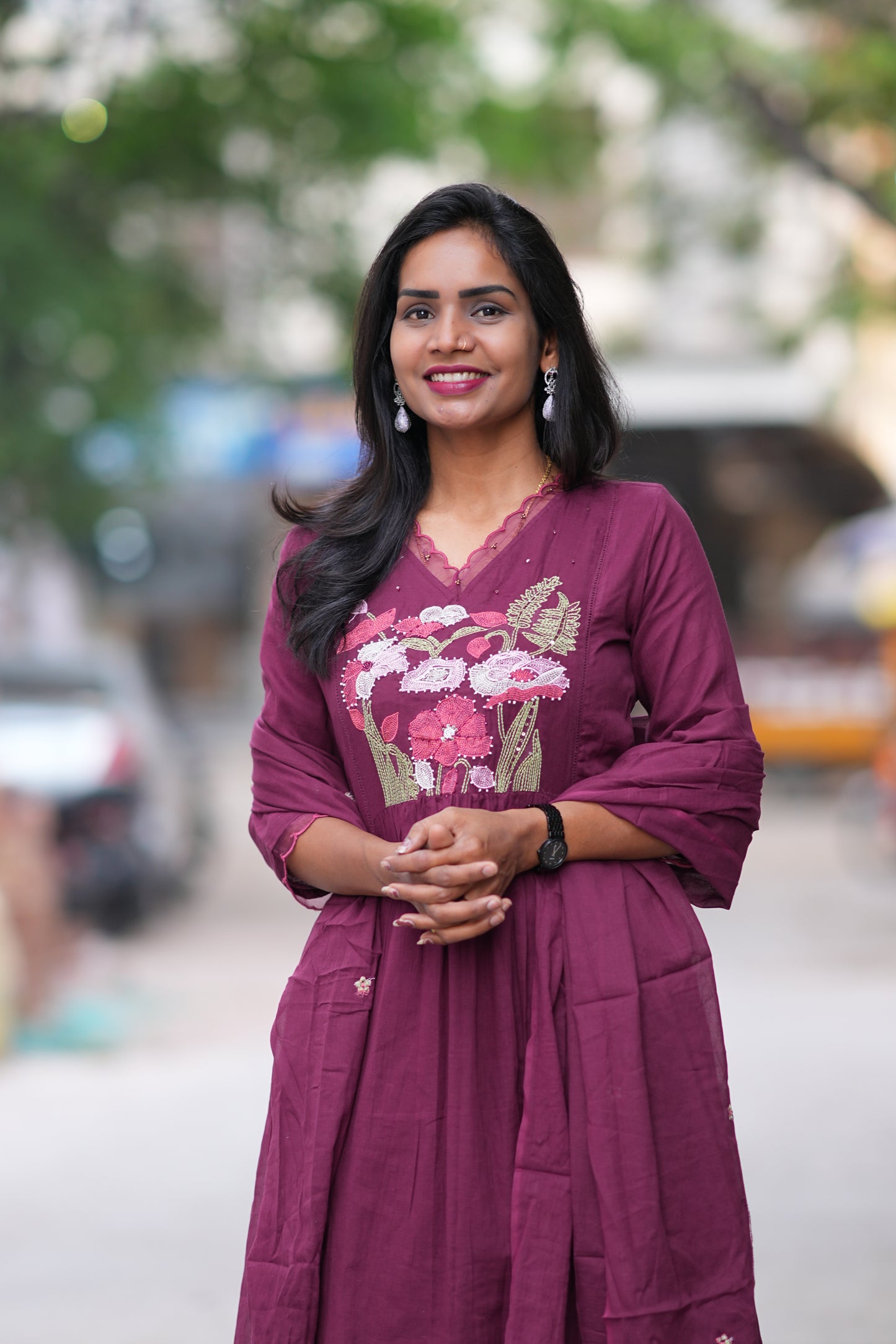 Plum Purple Mul Cotton 3 Piece Set With Embroidery Work and Complete Lining