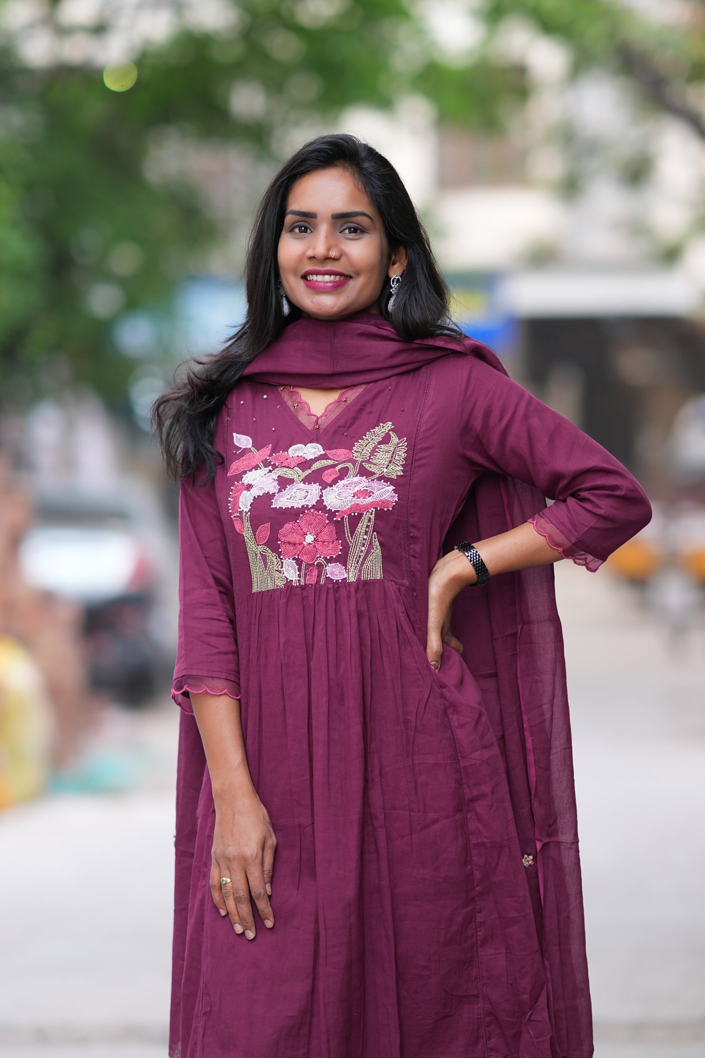 Plum Purple Mul Cotton 3 Piece Set With Embroidery Work and Complete Lining