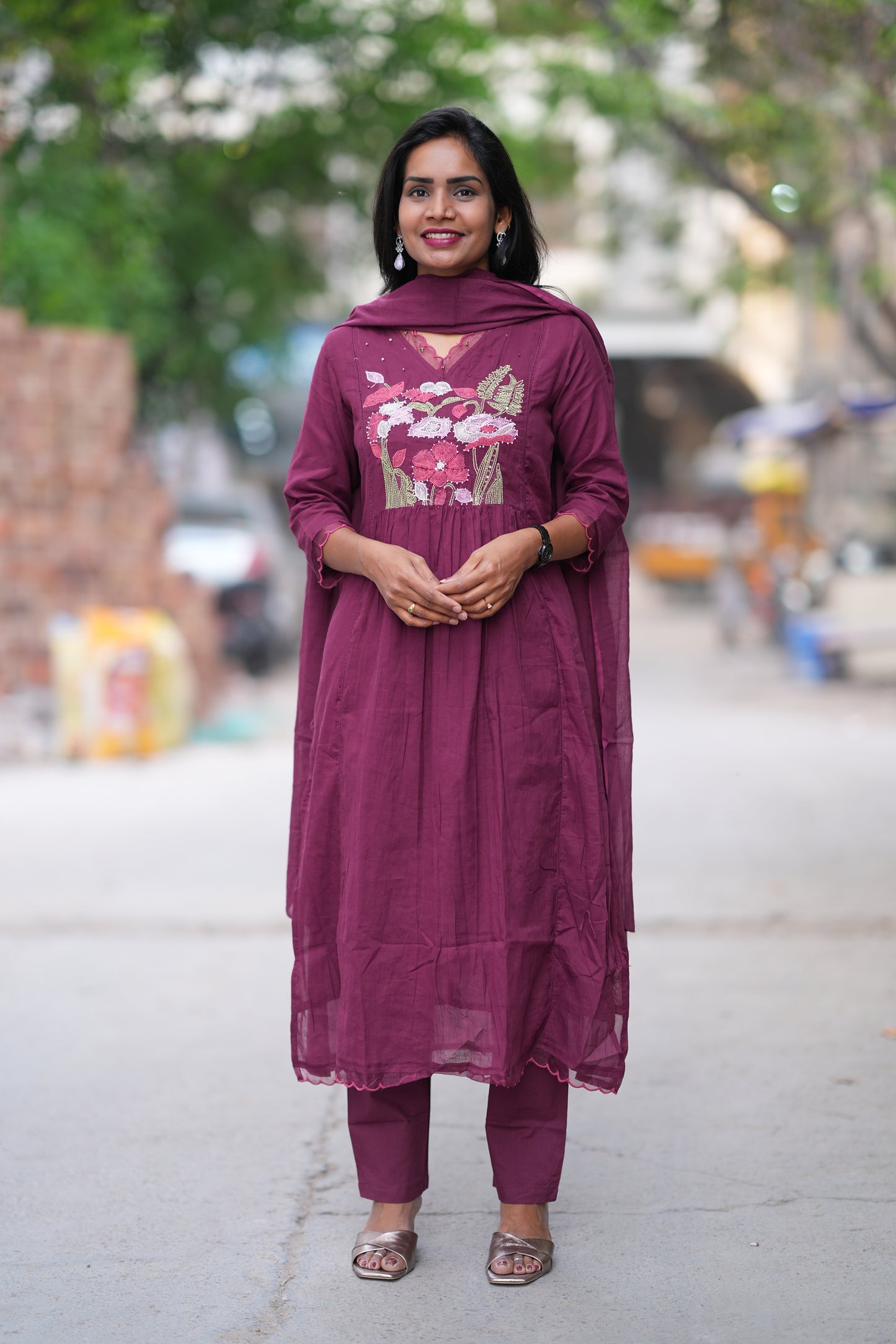 Plum Purple Mul Cotton 3 Piece Set With Embroidery Work and Complete Lining