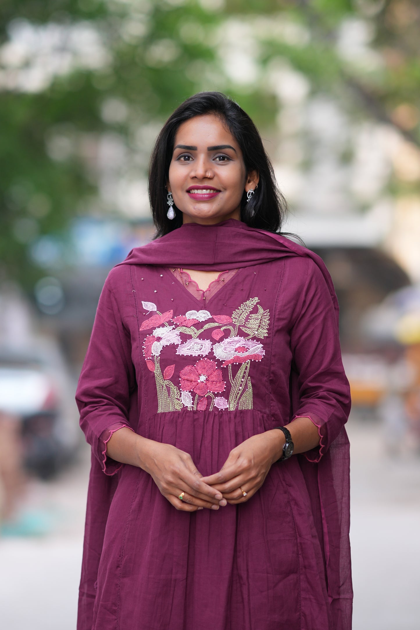 Plum Purple Mul Cotton 3 Piece Set With Embroidery Work and Complete Lining