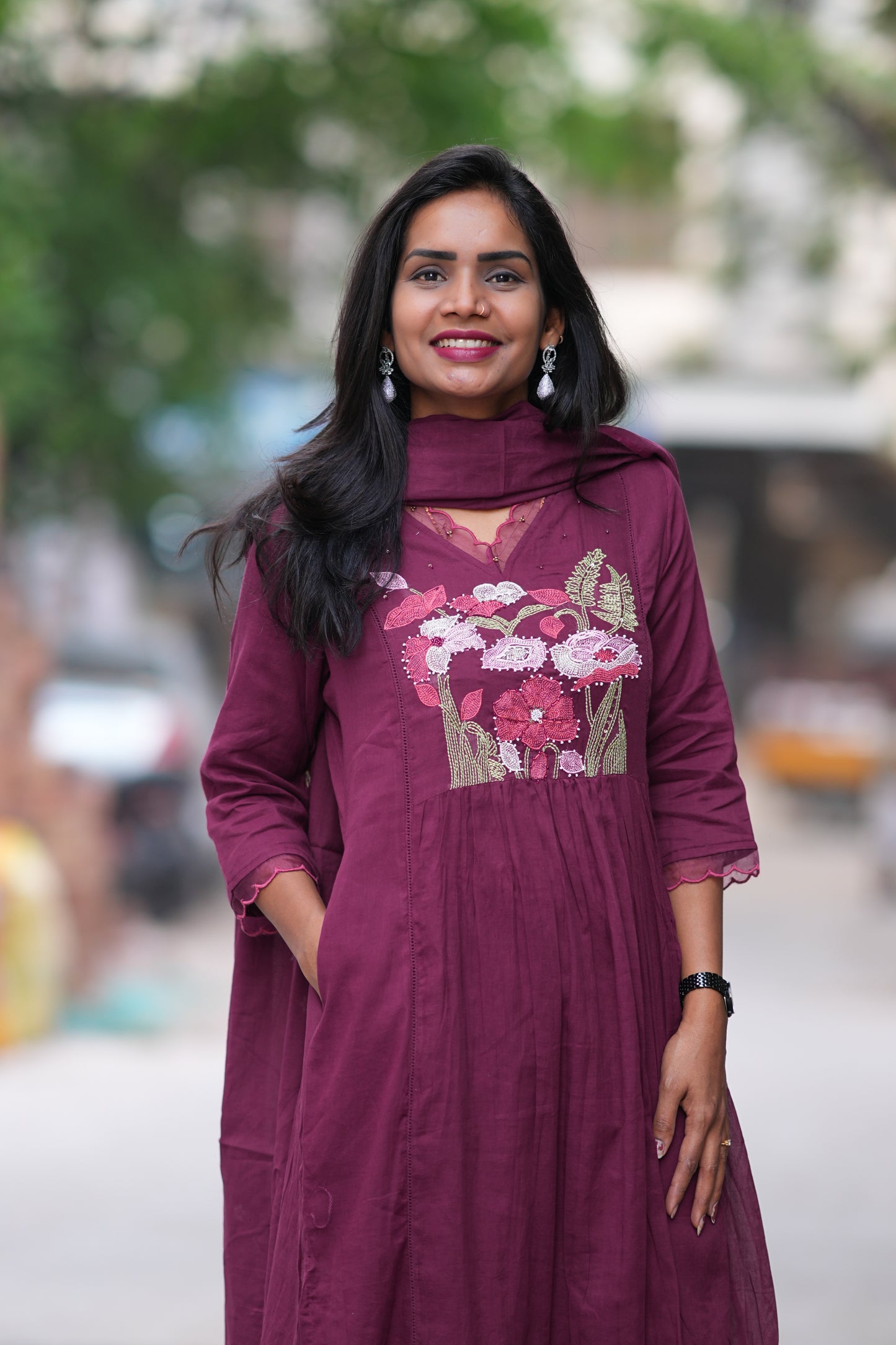 Plum Purple Mul Cotton 3 Piece Set With Embroidery Work and Complete Lining