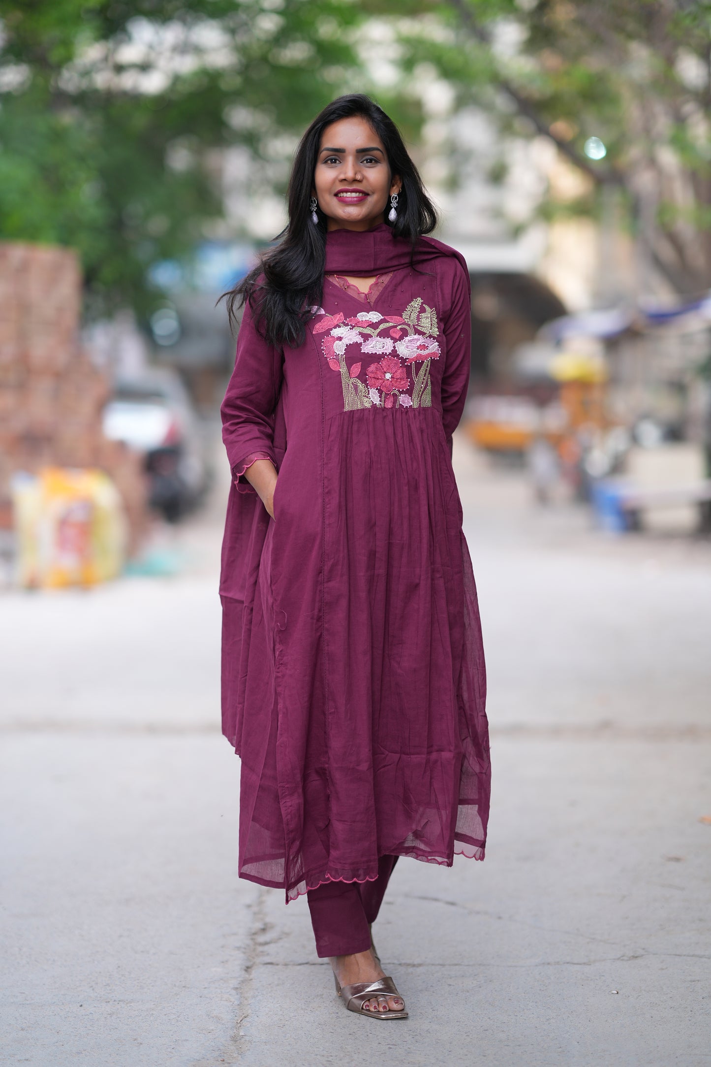 Plum Purple Mul Cotton 3 Piece Set With Embroidery Work and Complete Lining