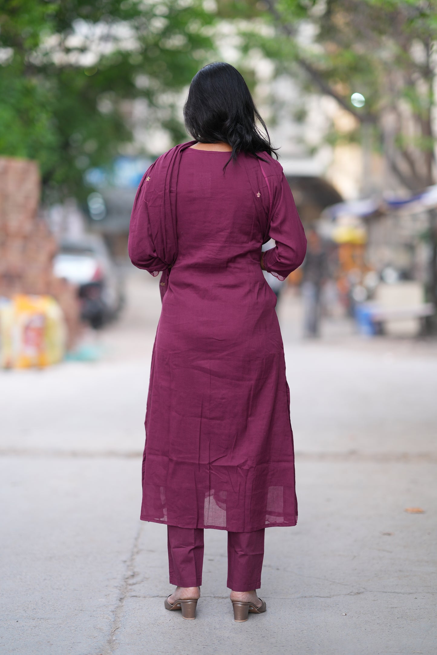Plum Purple Mul Cotton 3 Piece Set With Embroidery Work and Complete Lining
