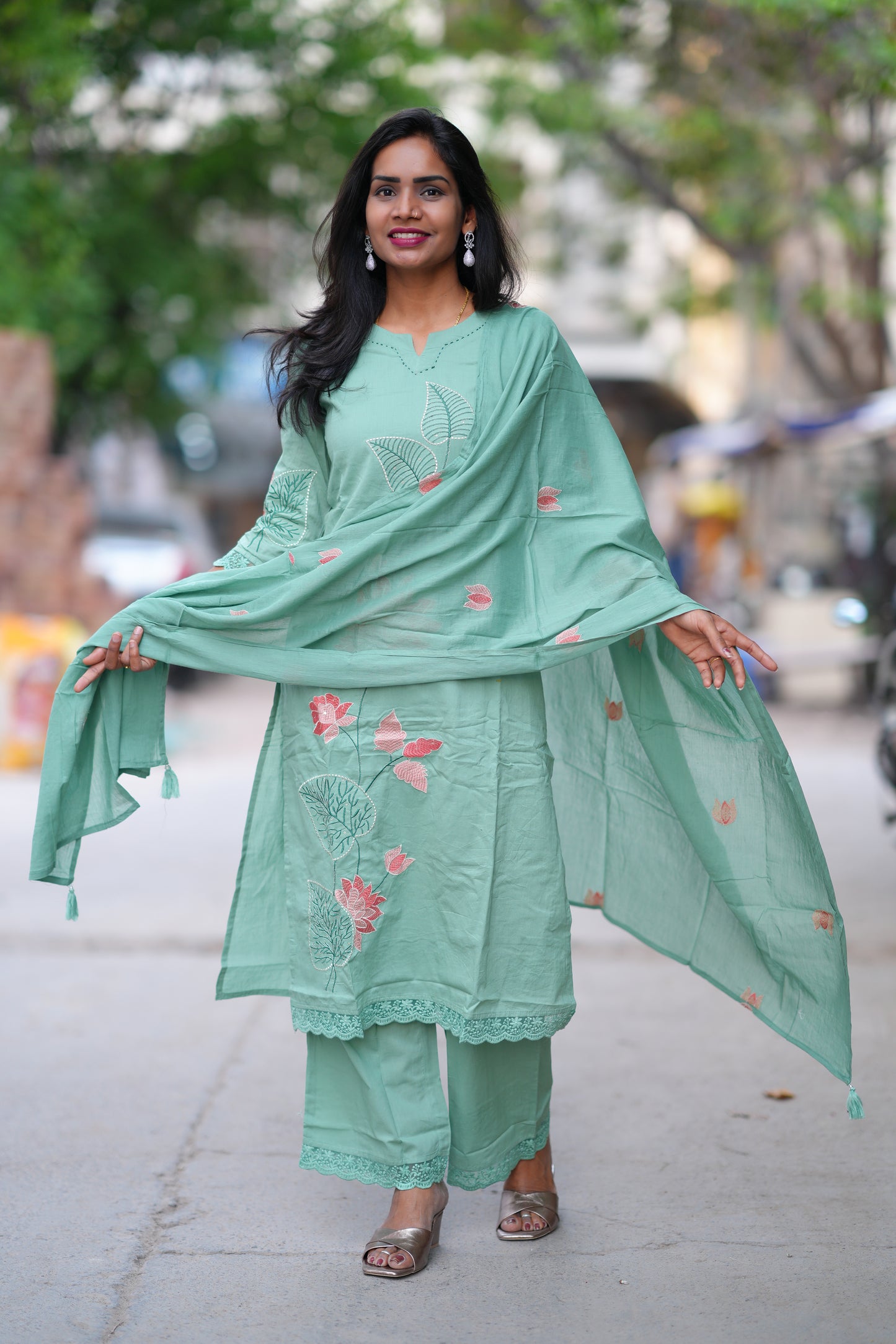 Sea Green Color Jaipur Cotton 3 Piece Set With Embroidery work and Complete Lining