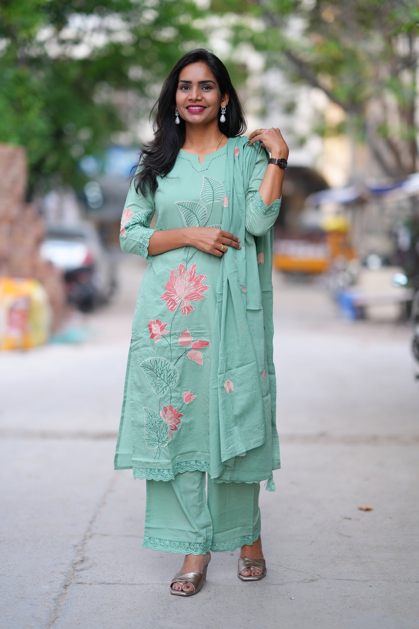 Sea Green Color Jaipur Cotton 3 Piece Set With Embroidery work and Complete Lining