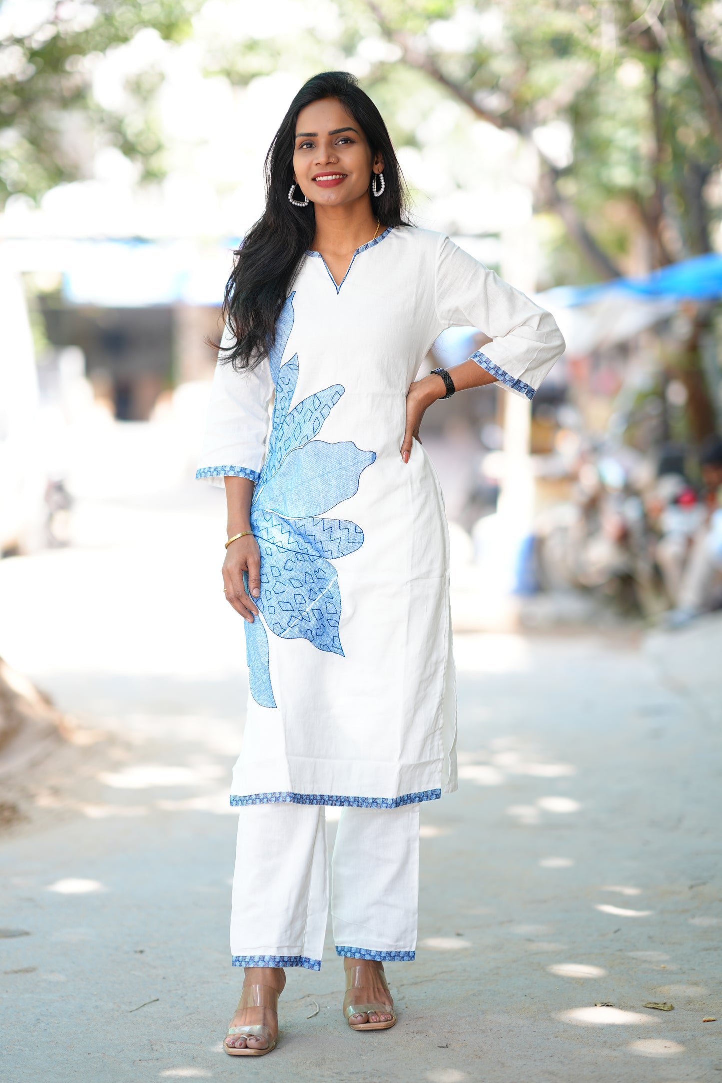 White Color Mul Cotton Cordset With Hand Block Print and Complete Lining