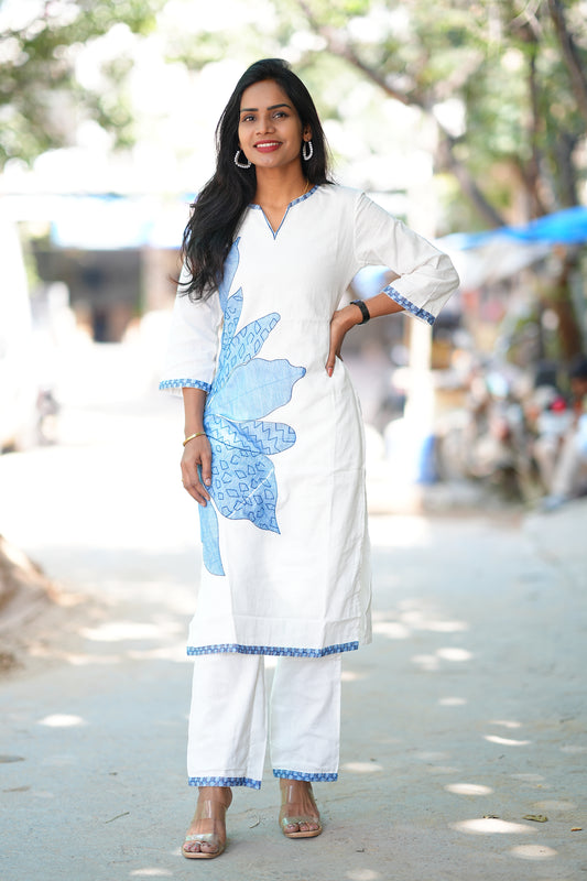 White Color Mul Cotton Cordset With Hand Block Print and Complete Lining