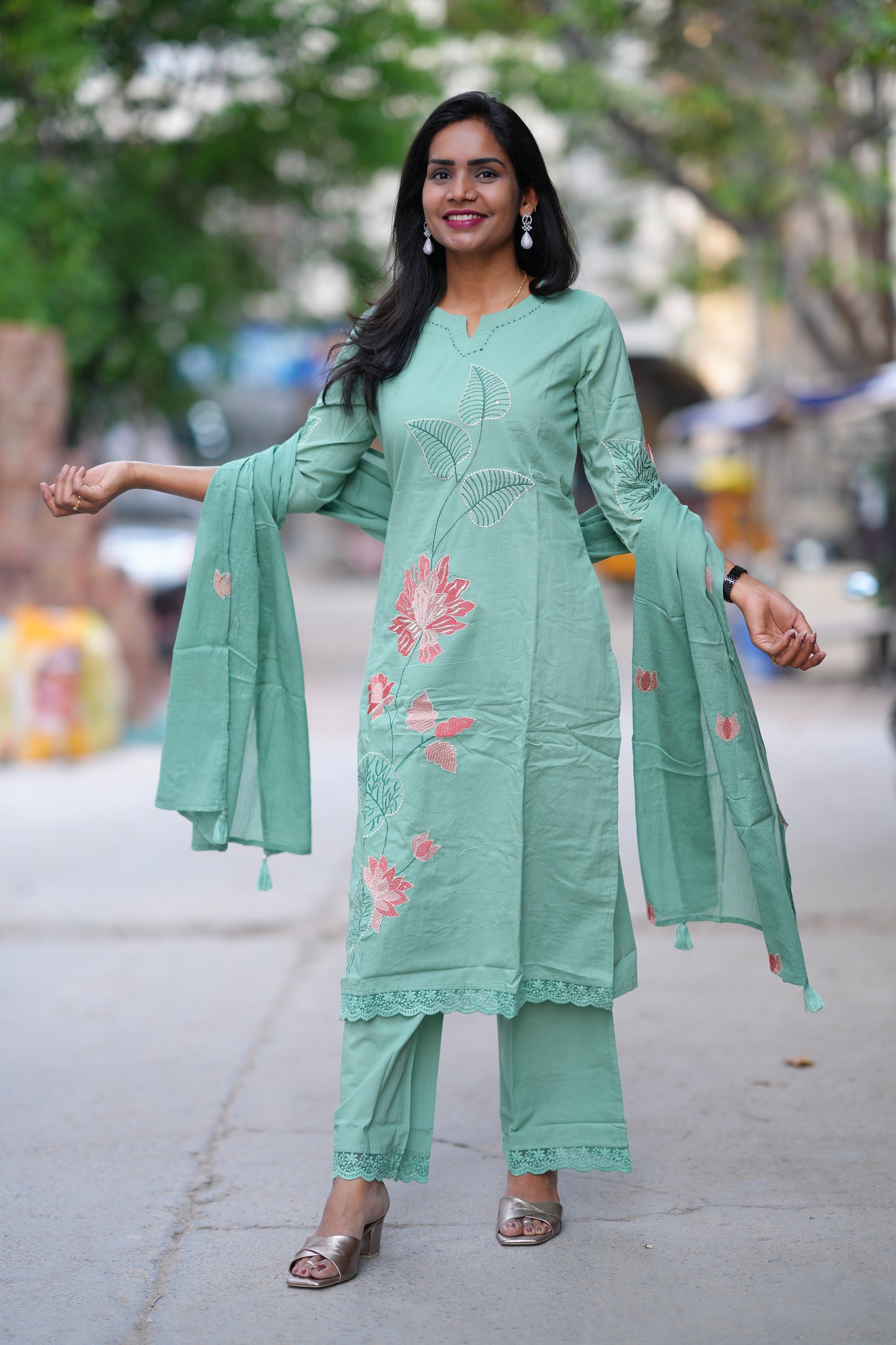 Sea Green Color Jaipur Cotton 3 Piece Set With Embroidery work and Complete Lining