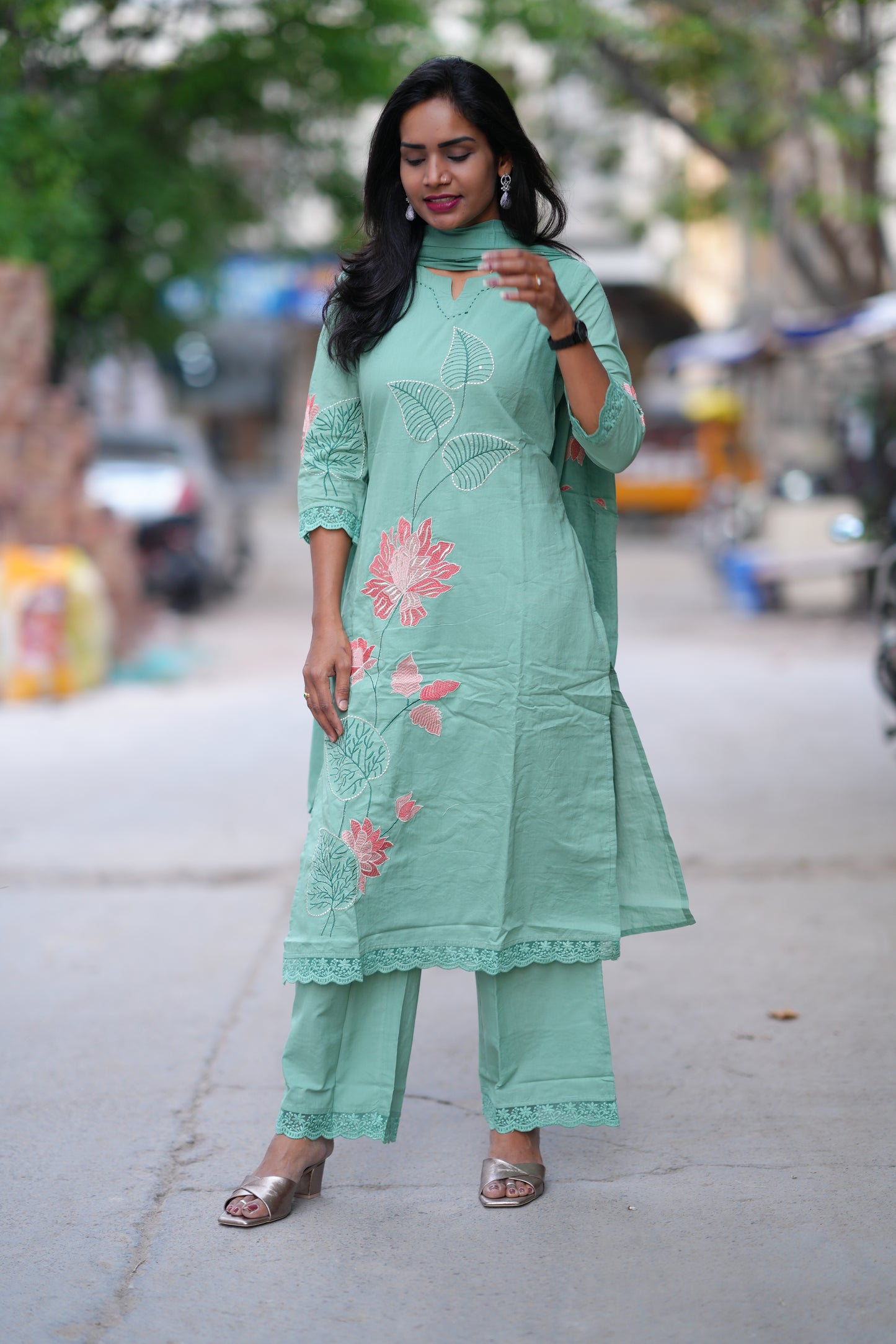 Sea Green Color Jaipur Cotton 3 Piece Set With Embroidery work and Complete Lining