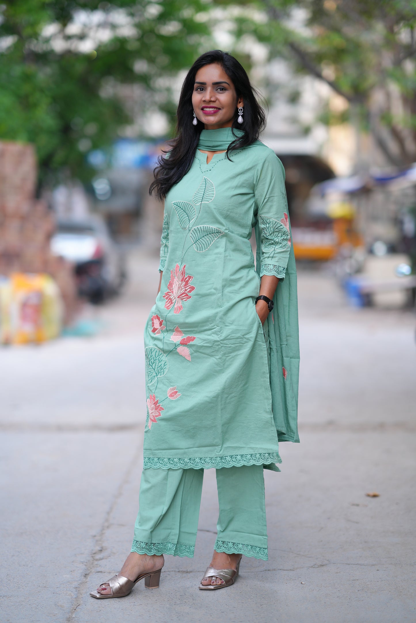 Sea Green Color Jaipur Cotton 3 Piece Set With Embroidery work and Complete Lining