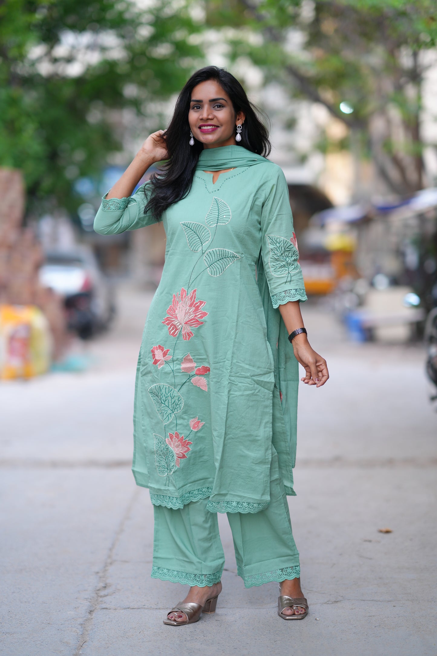 Sea Green Color Jaipur Cotton 3 Piece Set With Embroidery work and Complete Lining
