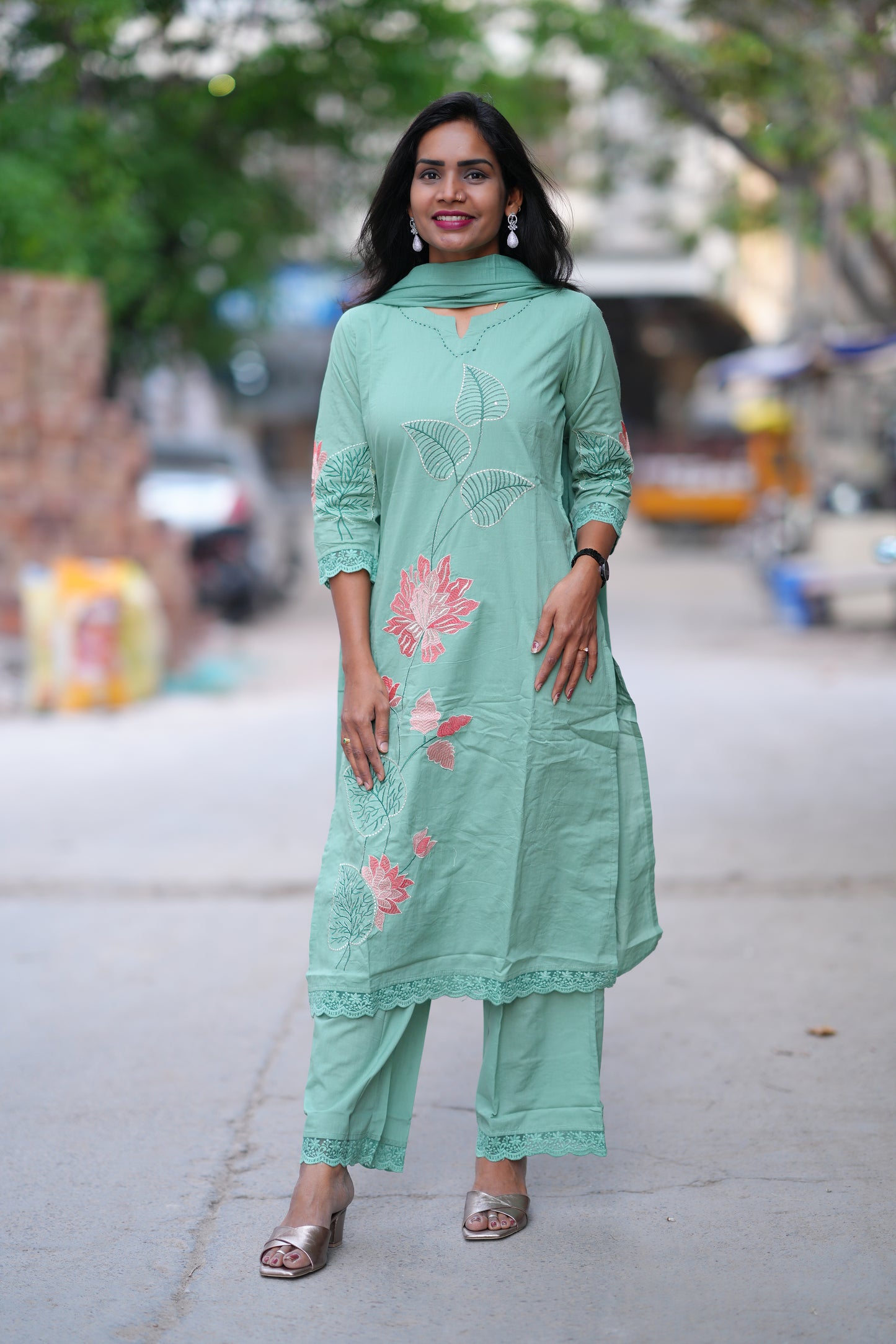 Sea Green Color Jaipur Cotton 3 Piece Set With Embroidery work and Complete Lining