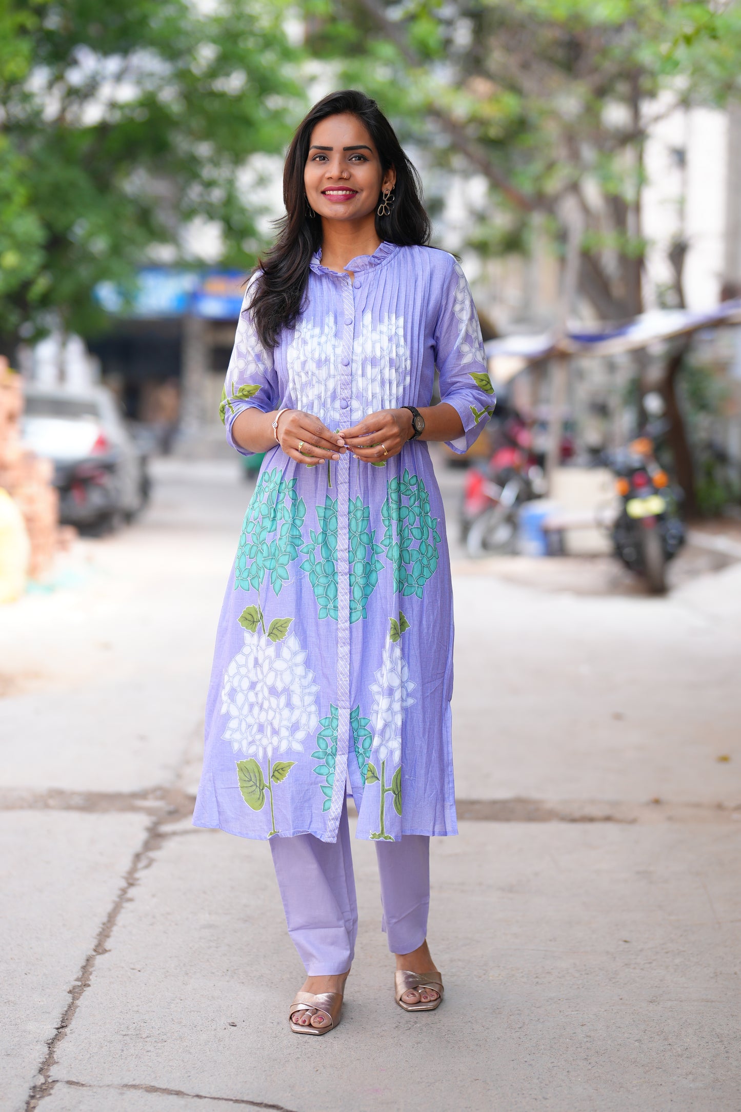 Lavender Color Pure Mul Cotton Designer Wear Cord Set with Lining