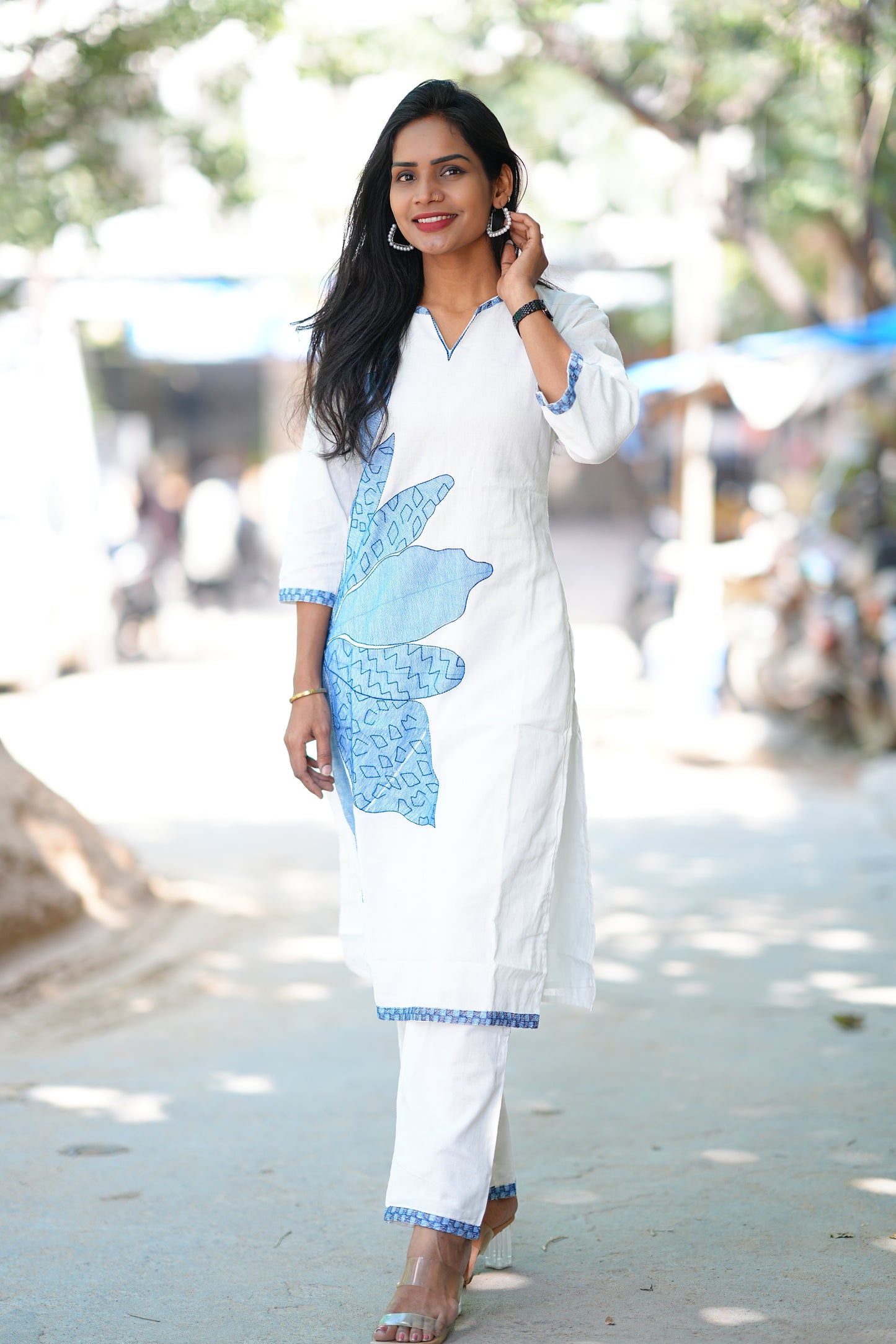 White Color Mul Cotton Cordset With Hand Block Print and Complete Lining