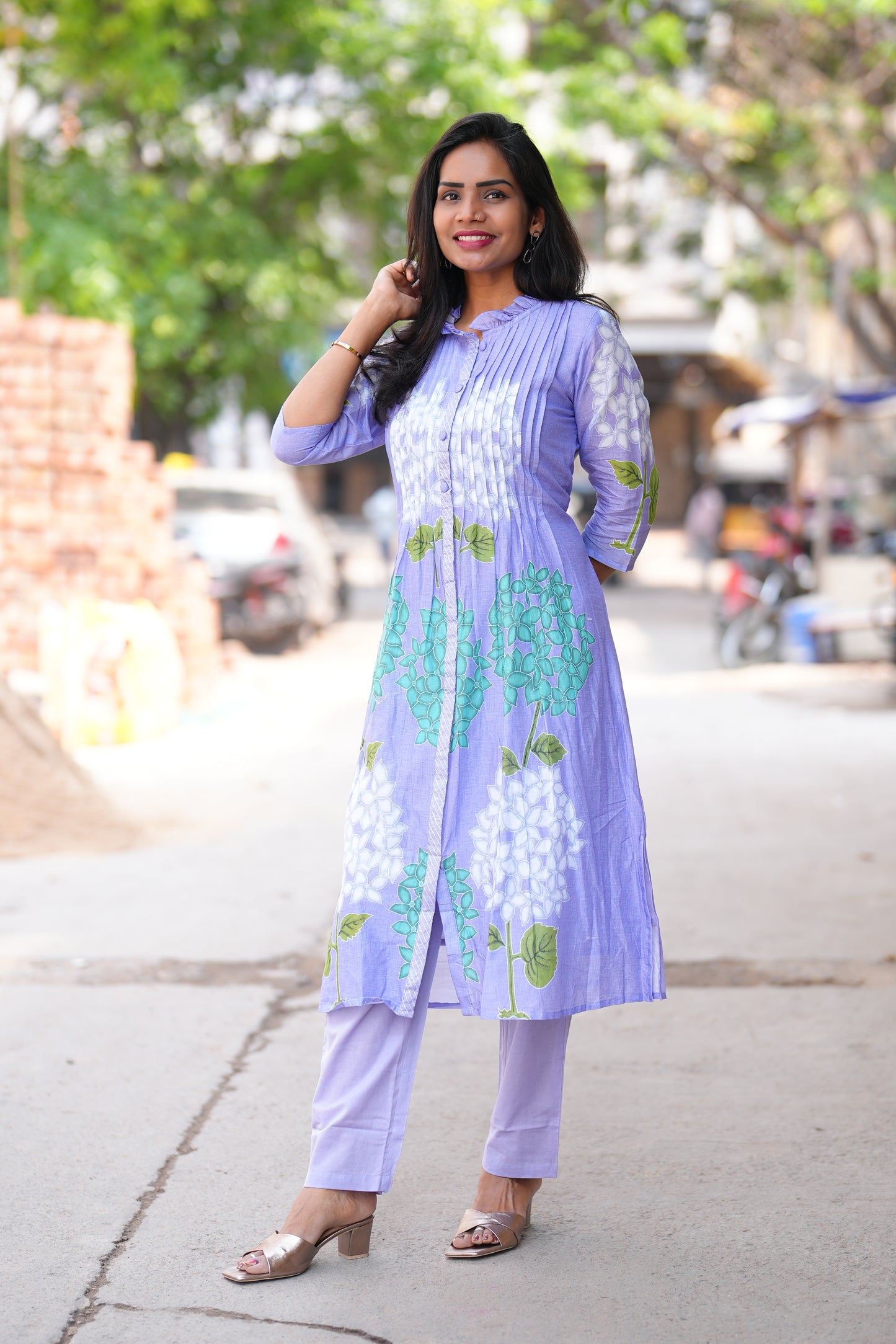 Lavender Color Pure Mul Cotton Designer Wear Cord Set with Lining