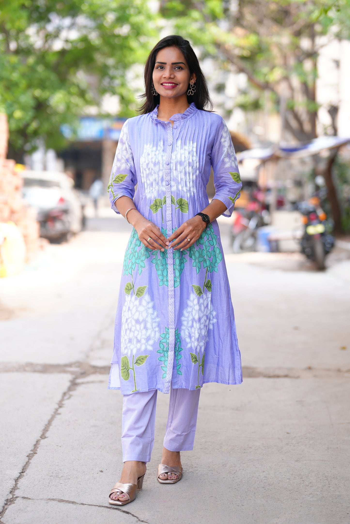 Lavender Color Pure Mul Cotton Designer Wear Cord Set with Lining
