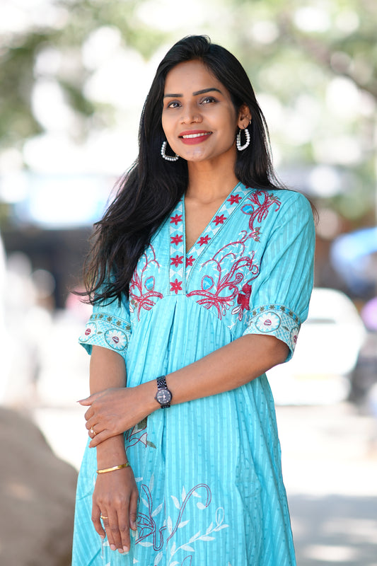 Aqua Blue Color Party Wear Maxi With Embroidery Work and Complete Lining