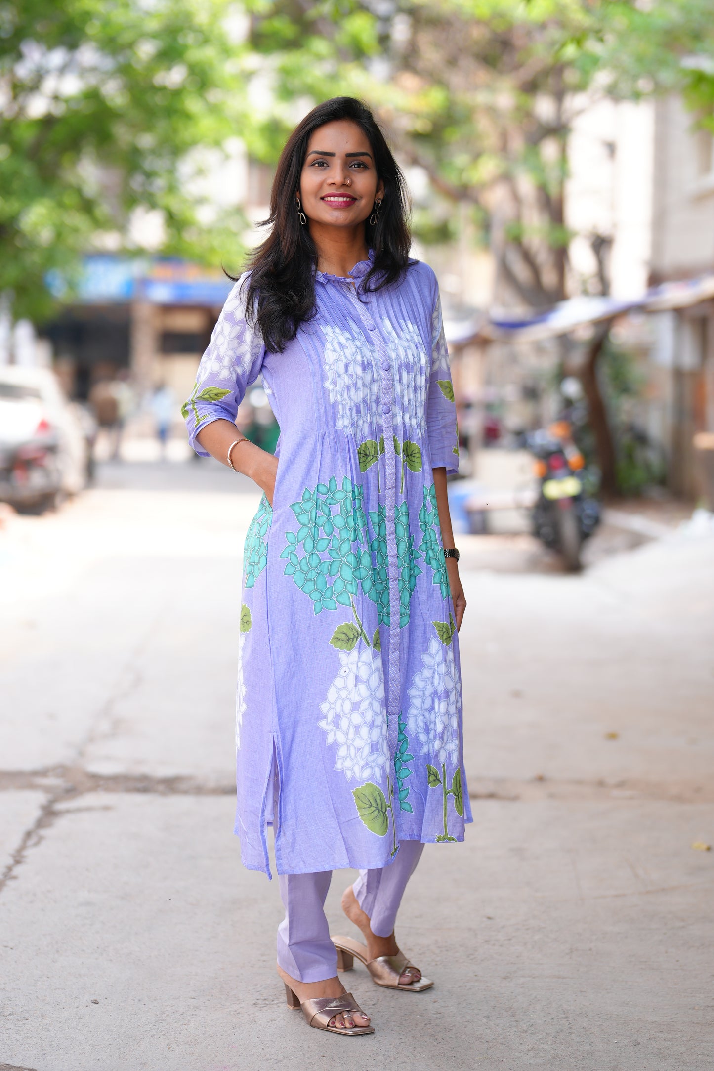 Lavender Color Pure Mul Cotton Designer Wear Cord Set with Lining