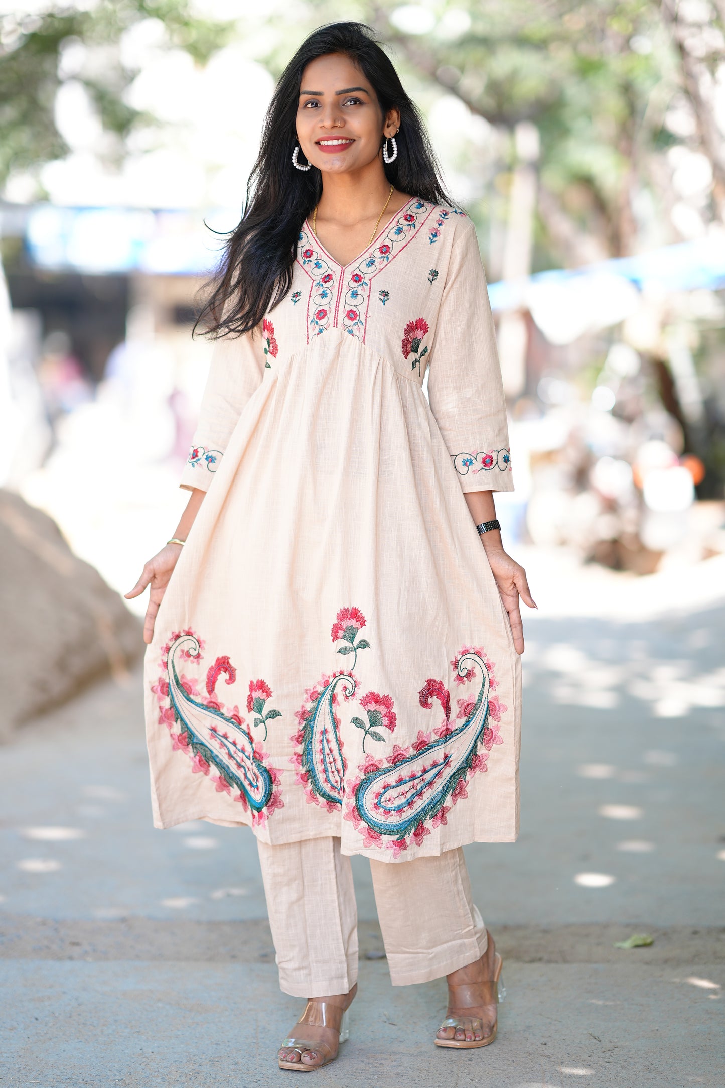 Beige Color Thread Embroidery Two Piece Set