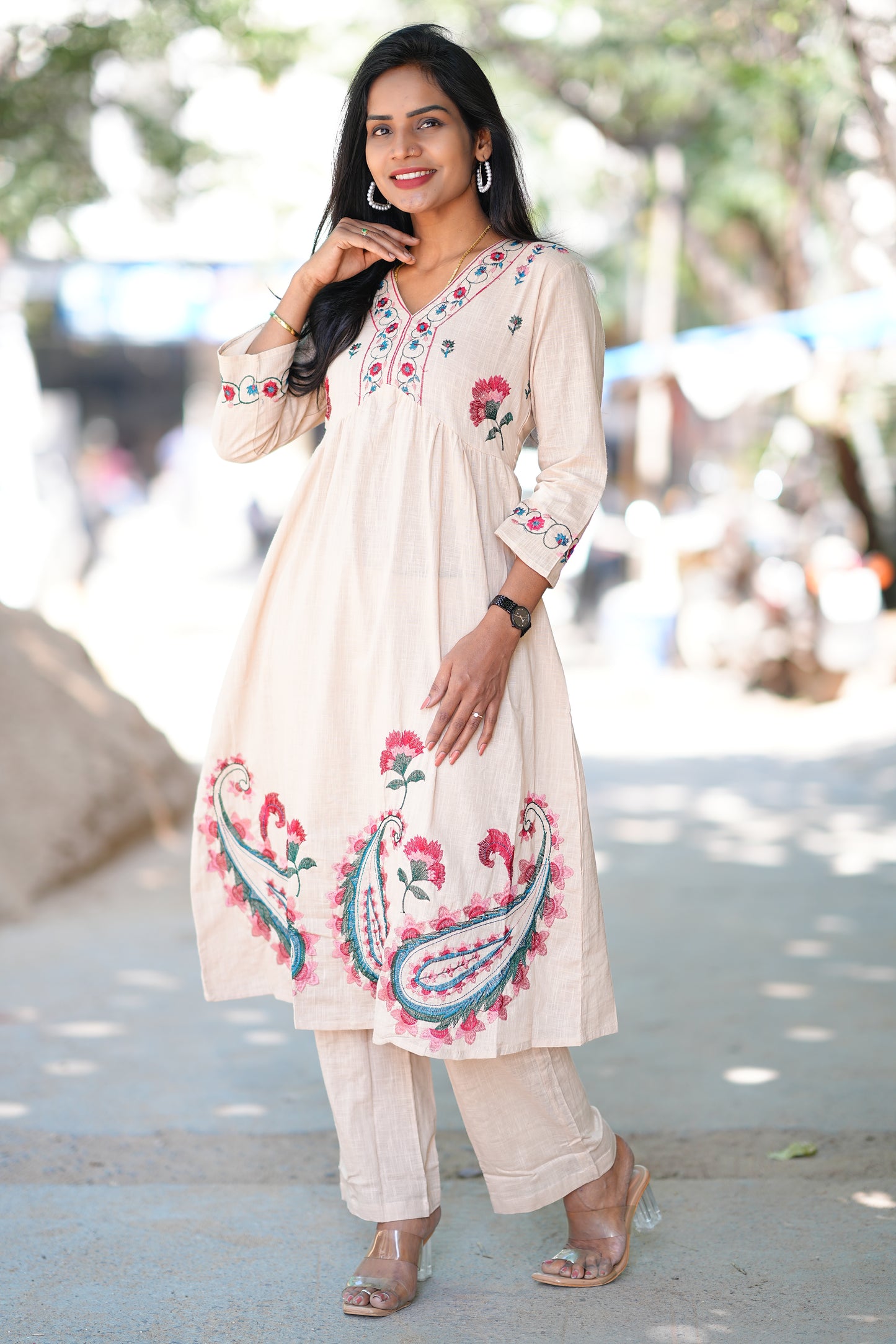 Beige Color Thread Embroidery Two Piece Set