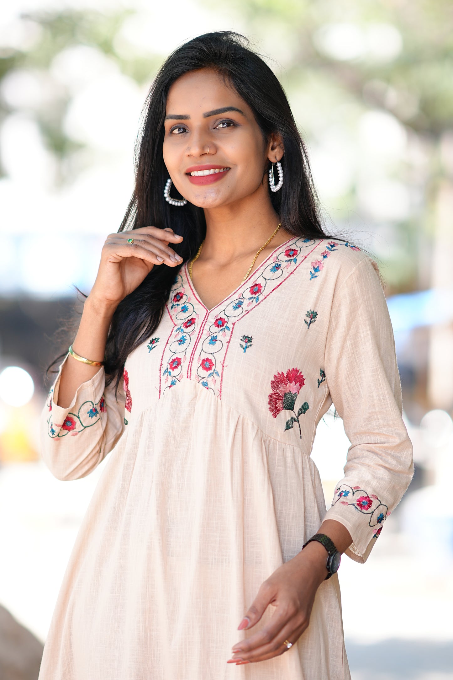 Beige Color Thread Embroidery Two Piece Set