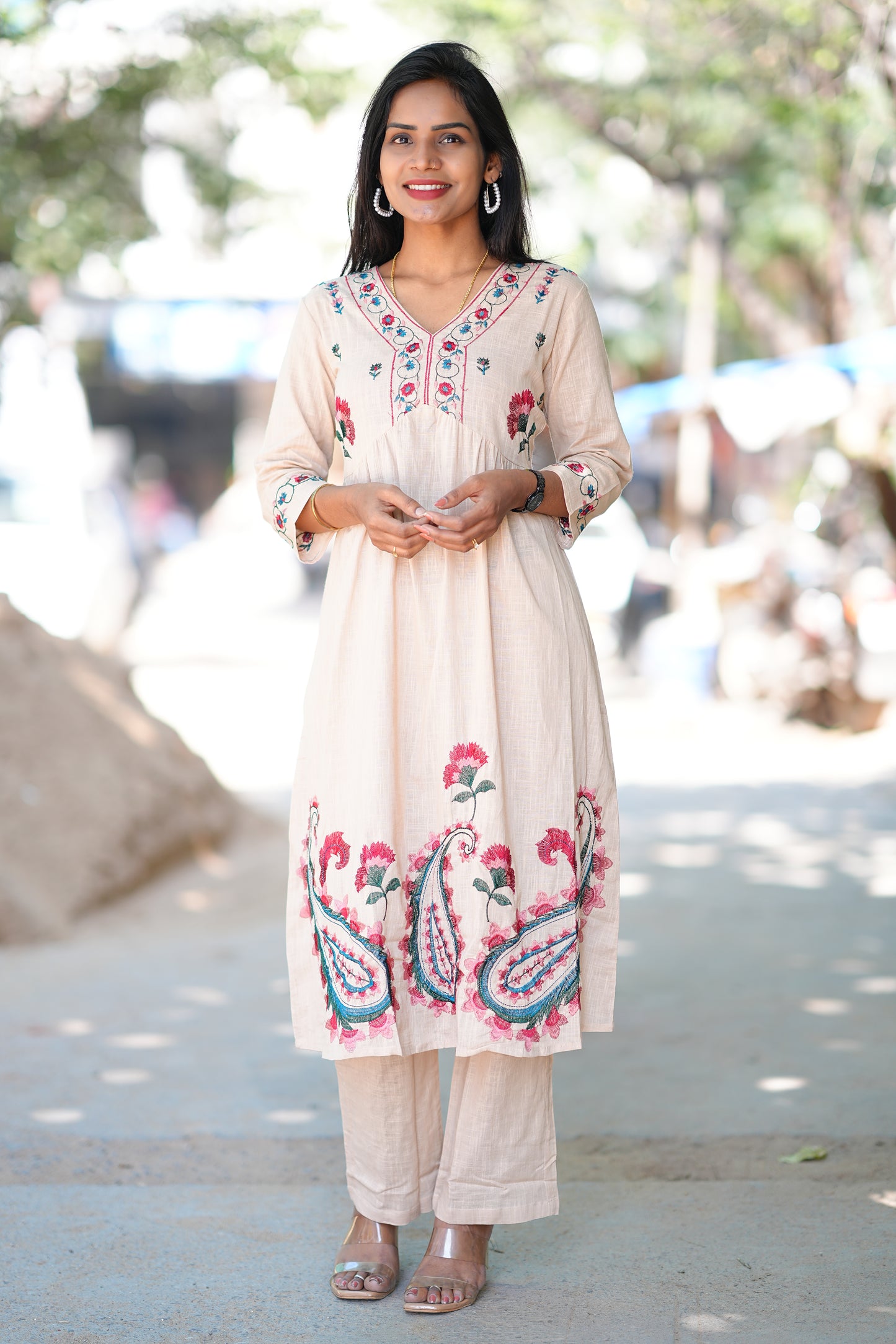 Beige Color Thread Embroidery Two Piece Set