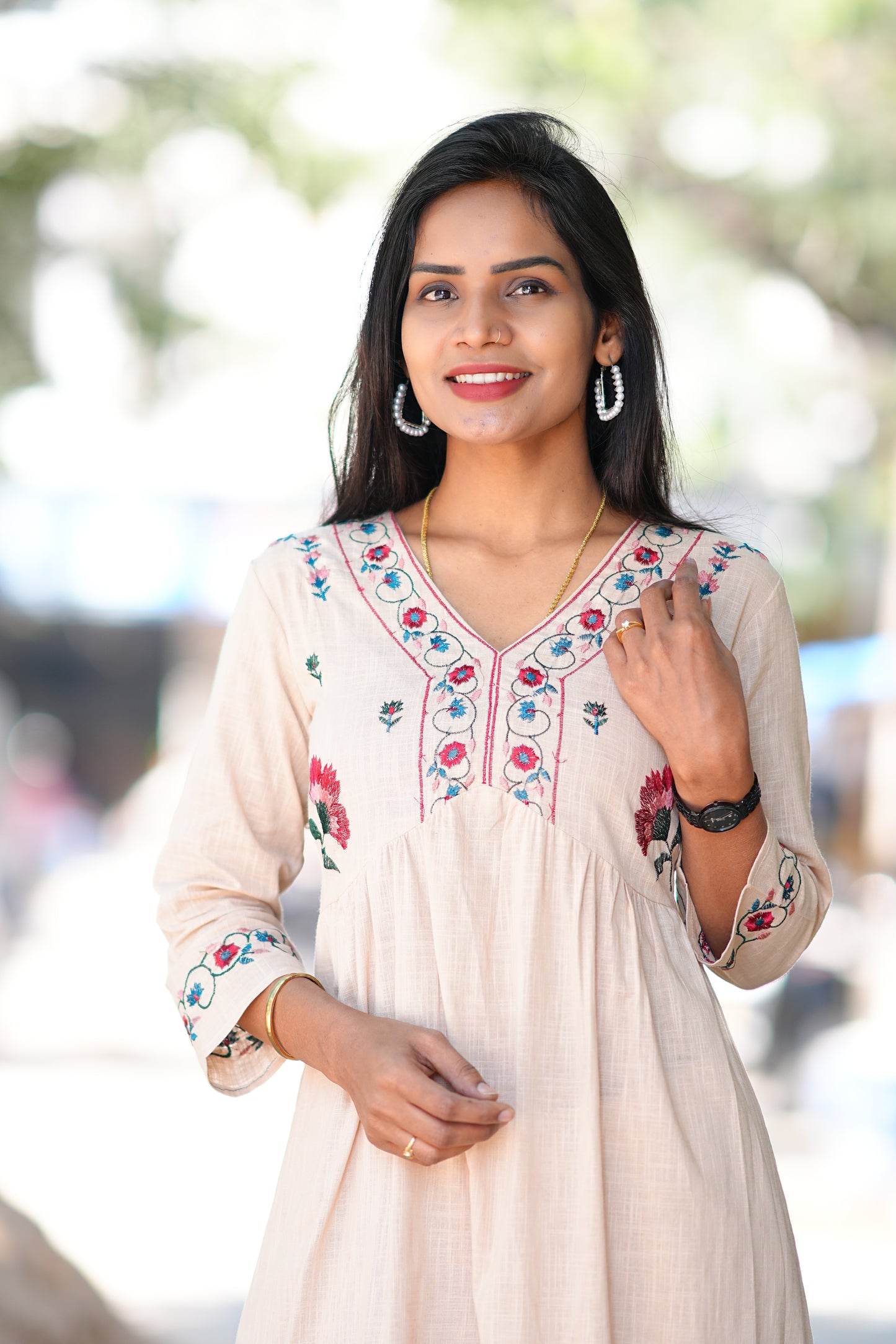 Beige Color Thread Embroidery Two Piece Set