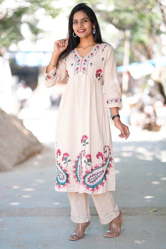 Beige Color Thread Embroidery Two Piece Set