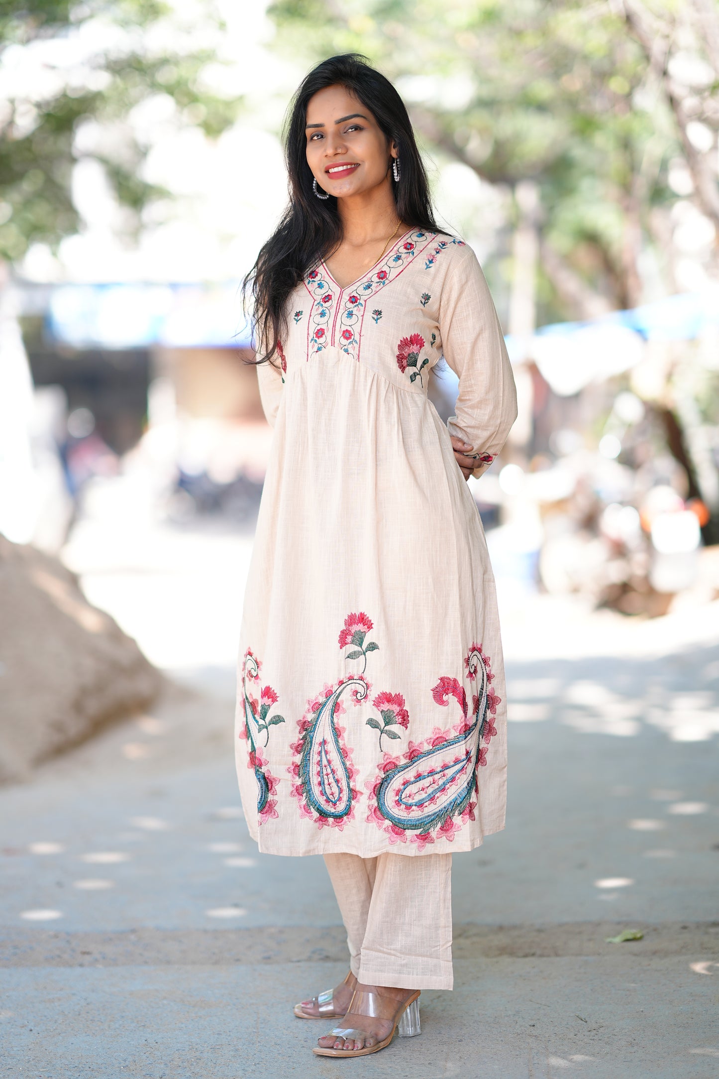 Beige Color Thread Embroidery Two Piece Set