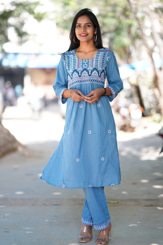 Denim Blue Color Cotton Cord Set With Embroidery Work