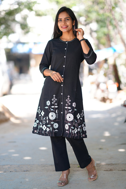 Black Color Jaipuri Cotton Cord Set With Embroidery Work