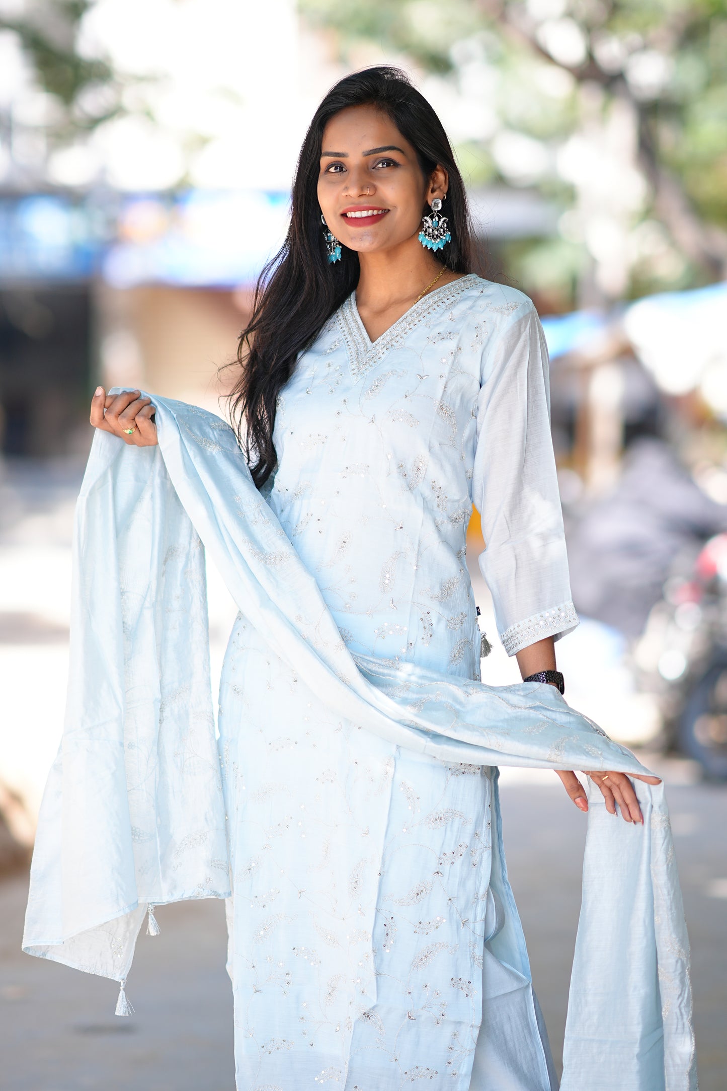 Sky Blue Color Designer Wear Duppata Set in viscose Fabric
