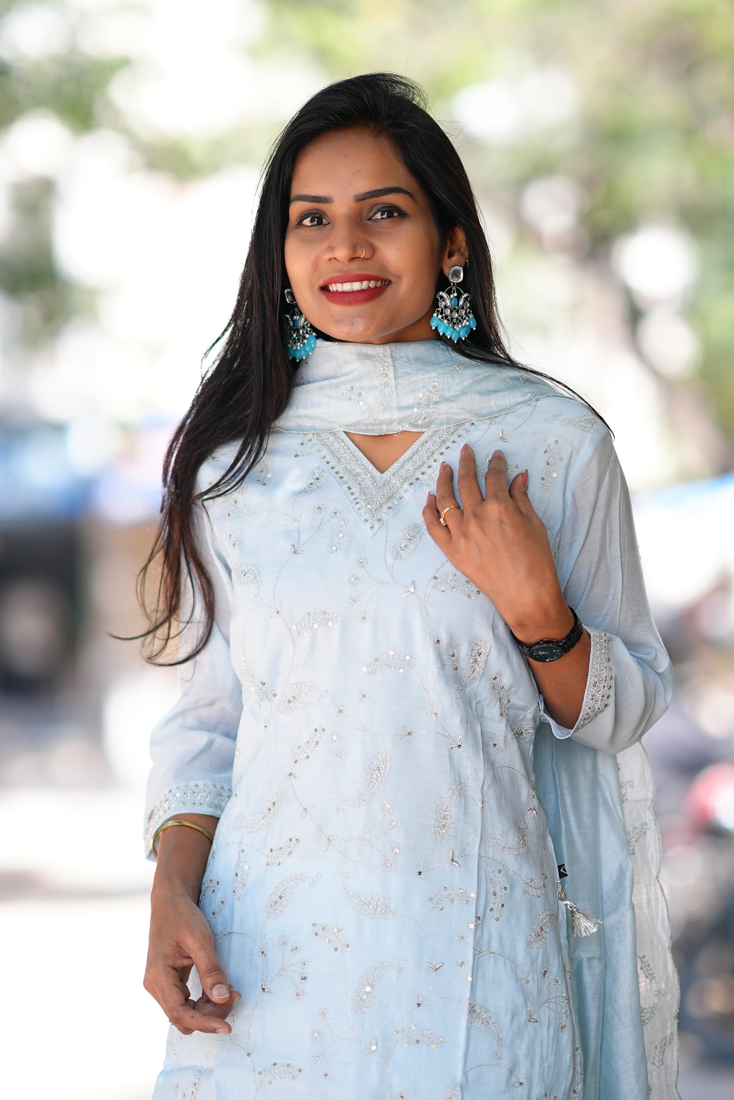 Sky Blue Color Designer Wear Duppata Set in viscose Fabric