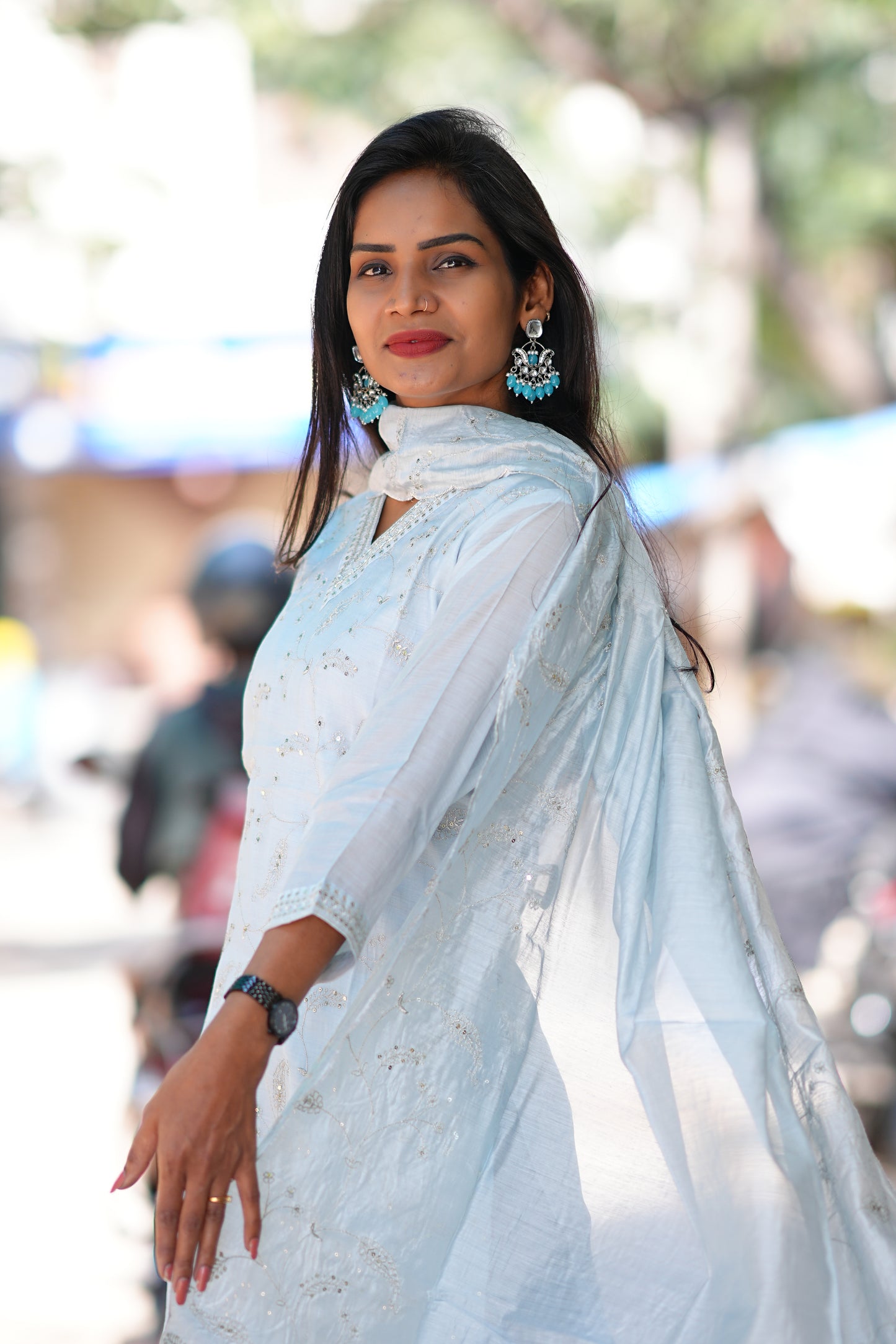Sky Blue Color Designer Wear Duppata Set in viscose Fabric