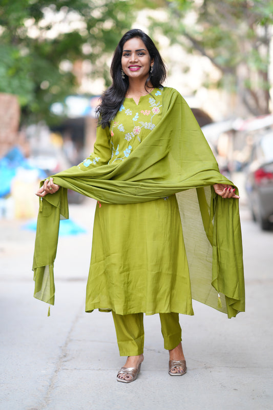 Olive Green Color Mul Chanderi Designer 3 Piece Set With Complete Lining