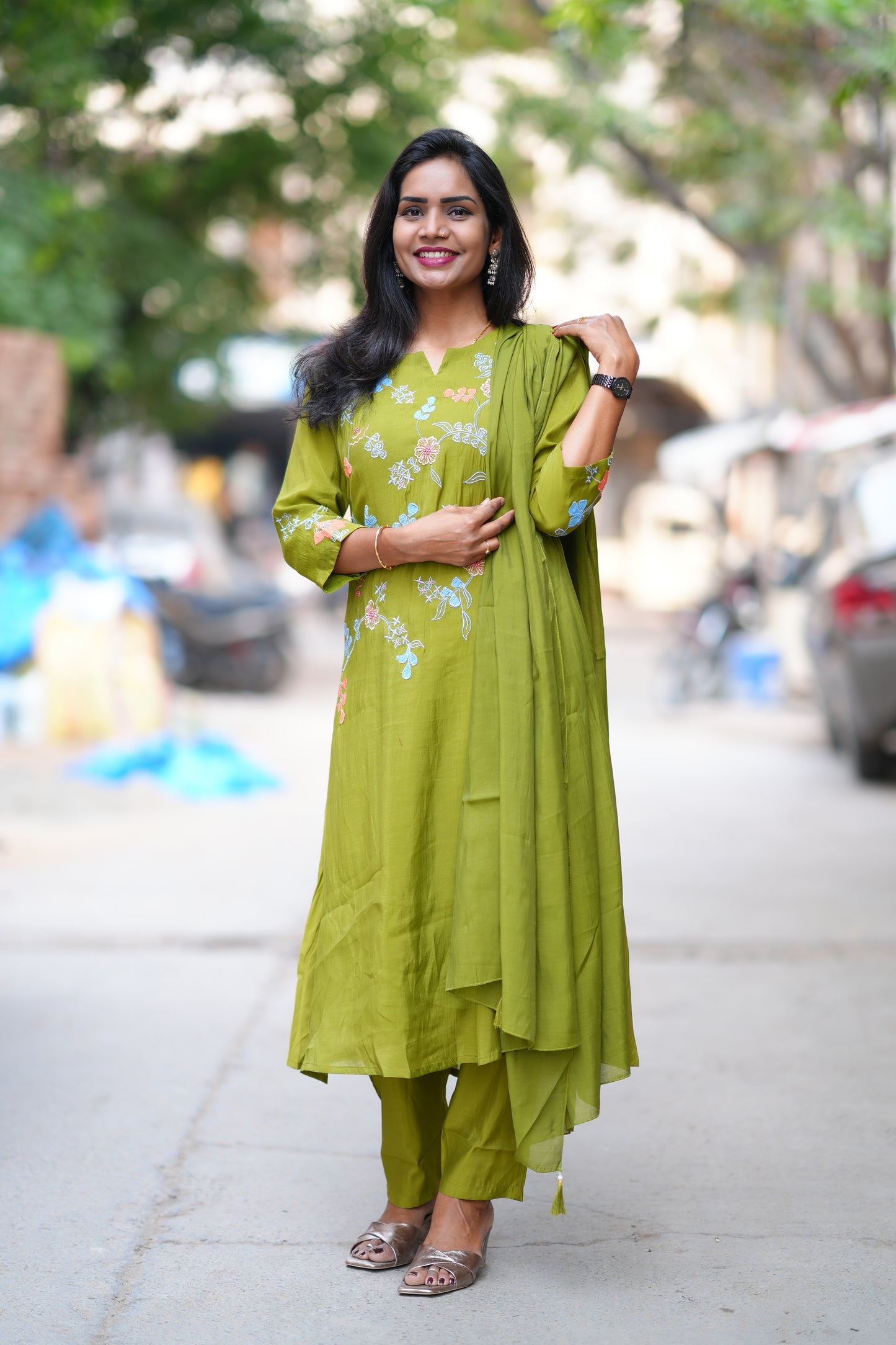 Olive Green Color Mul Chanderi Designer 3 Piece Set With Complete Lining