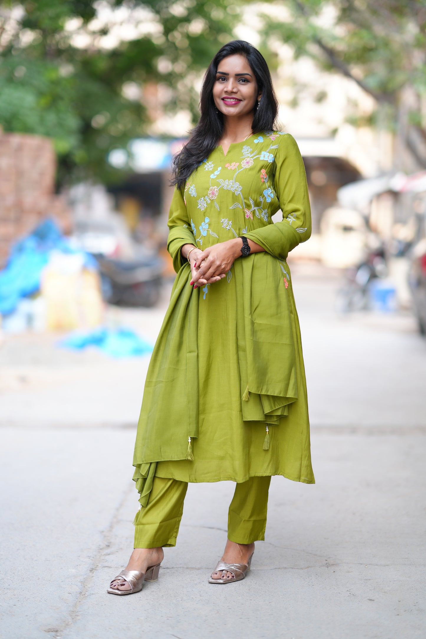 Olive Green Color Mul Chanderi Designer 3 Piece Set With Complete Lining