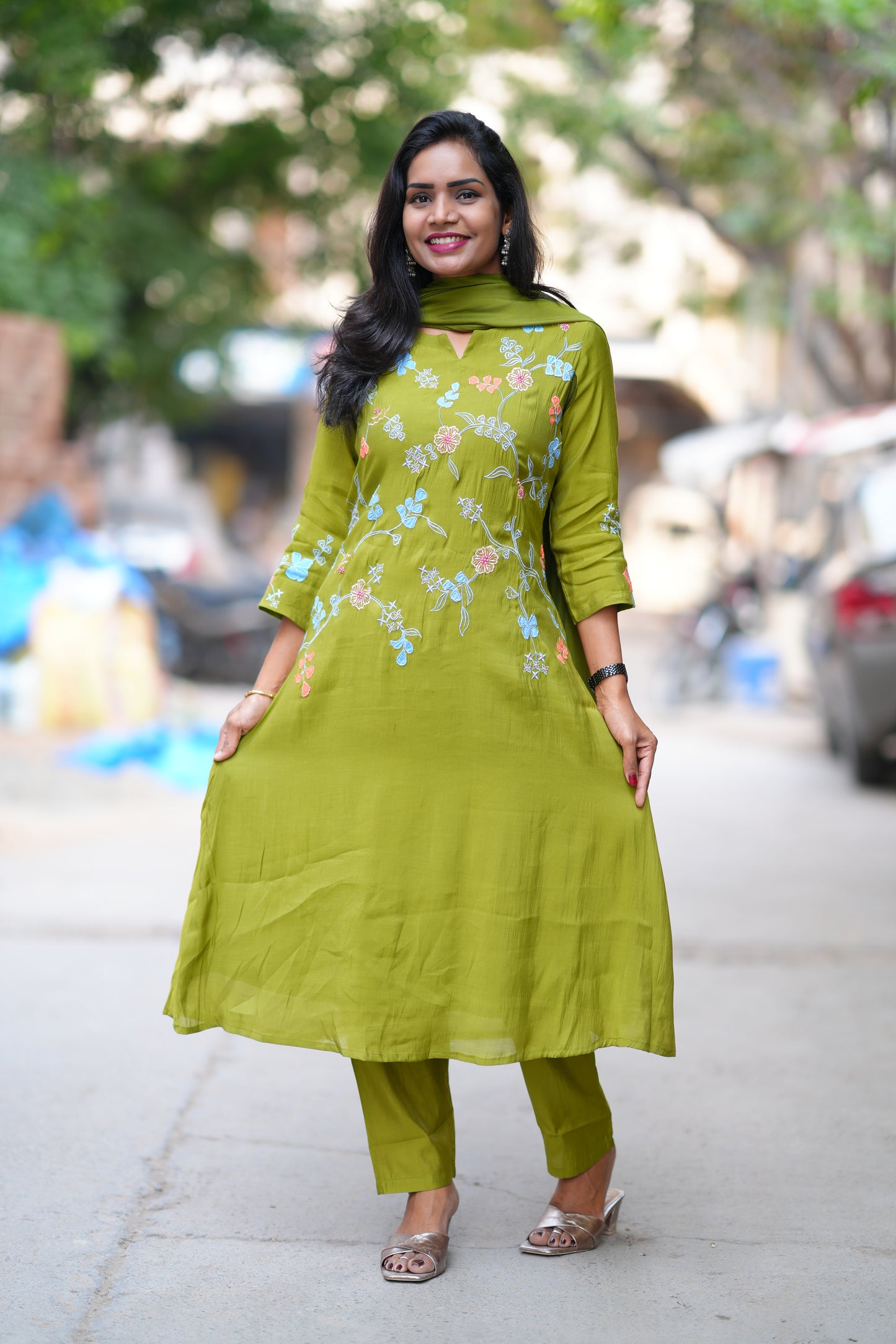 Olive Green Color Mul Chanderi Designer 3 Piece Set With Complete Lining