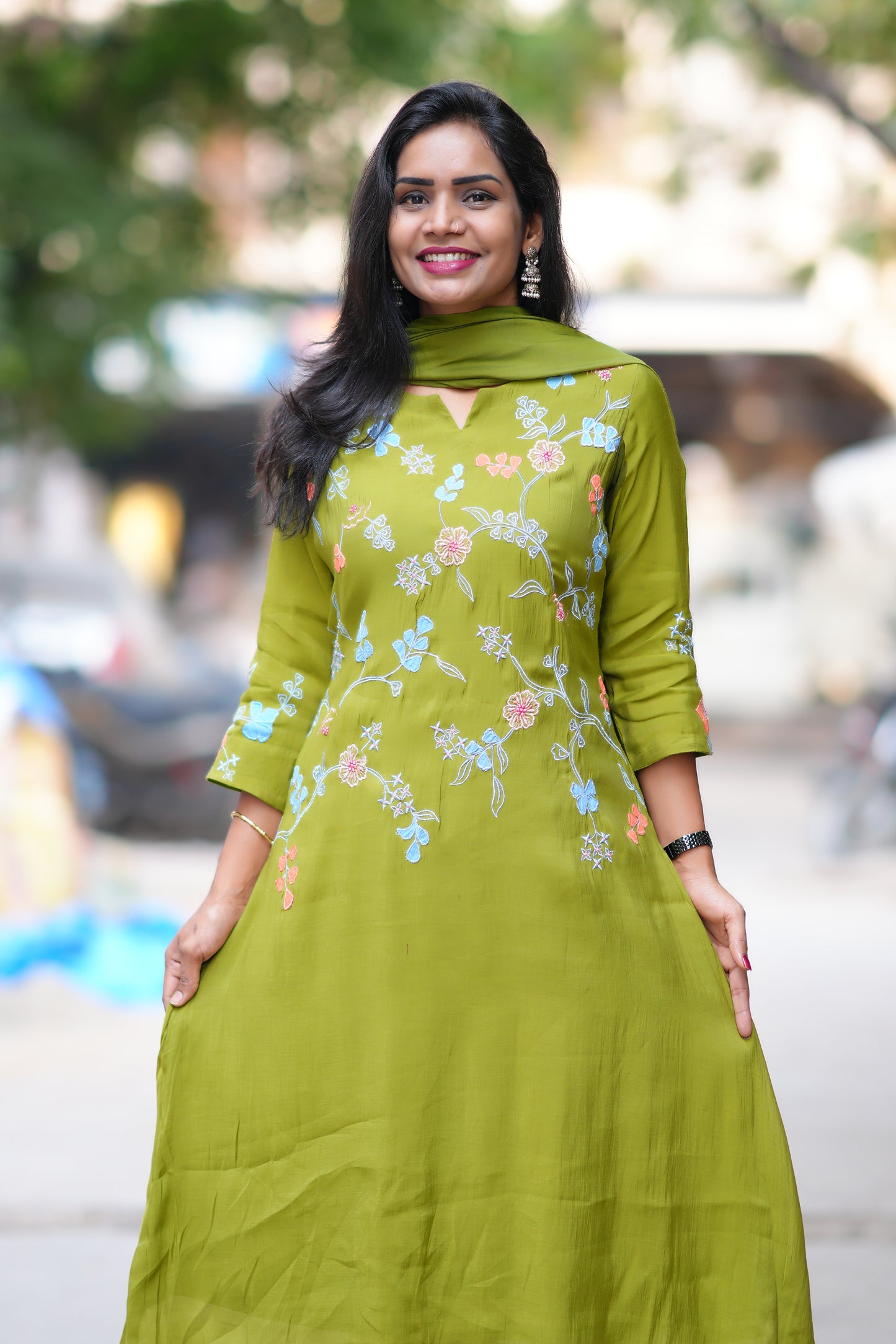 Olive Green Color Mul Chanderi Designer 3 Piece Set With Complete Lining