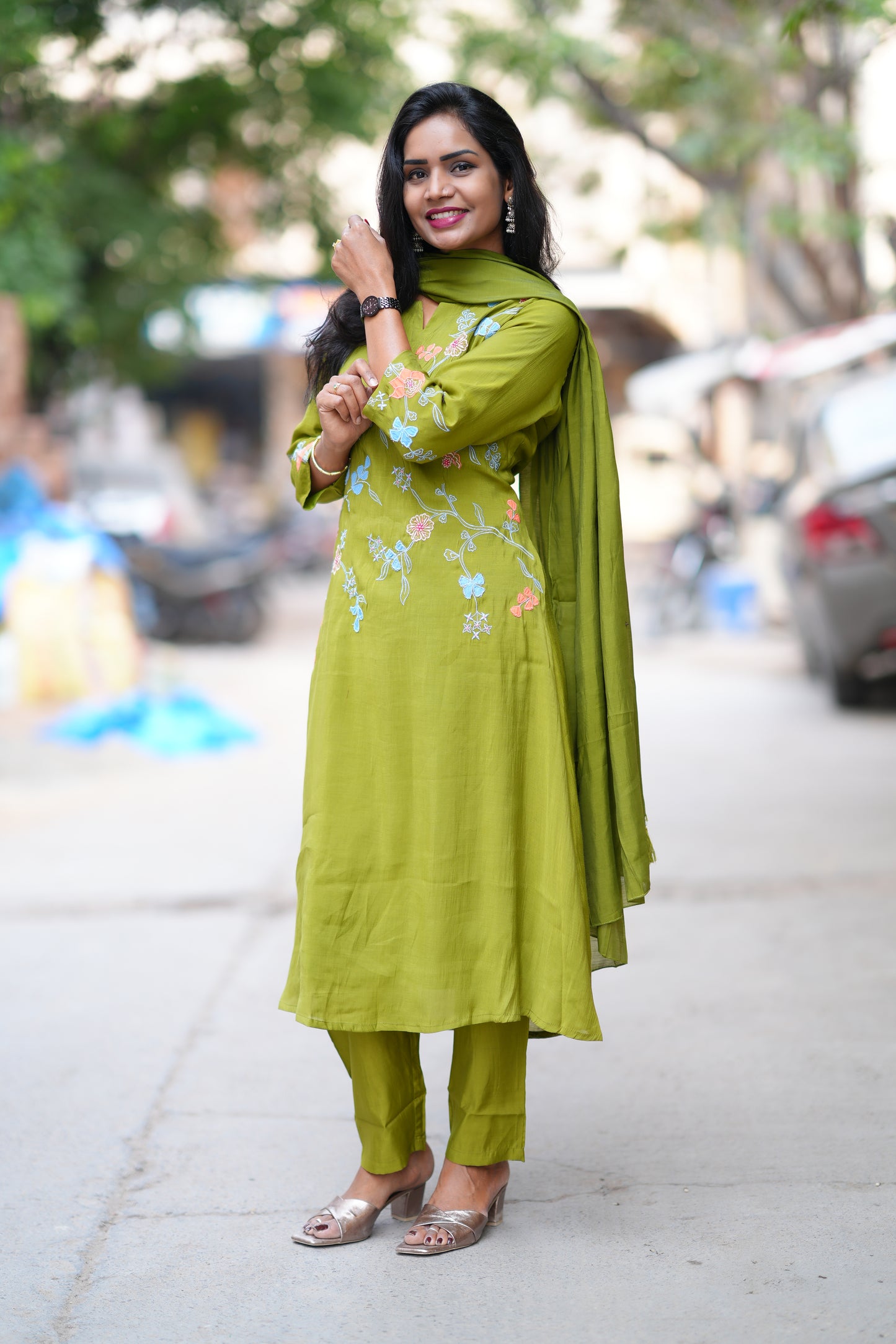 Olive Green Color Mul Chanderi Designer 3 Piece Set With Complete Lining