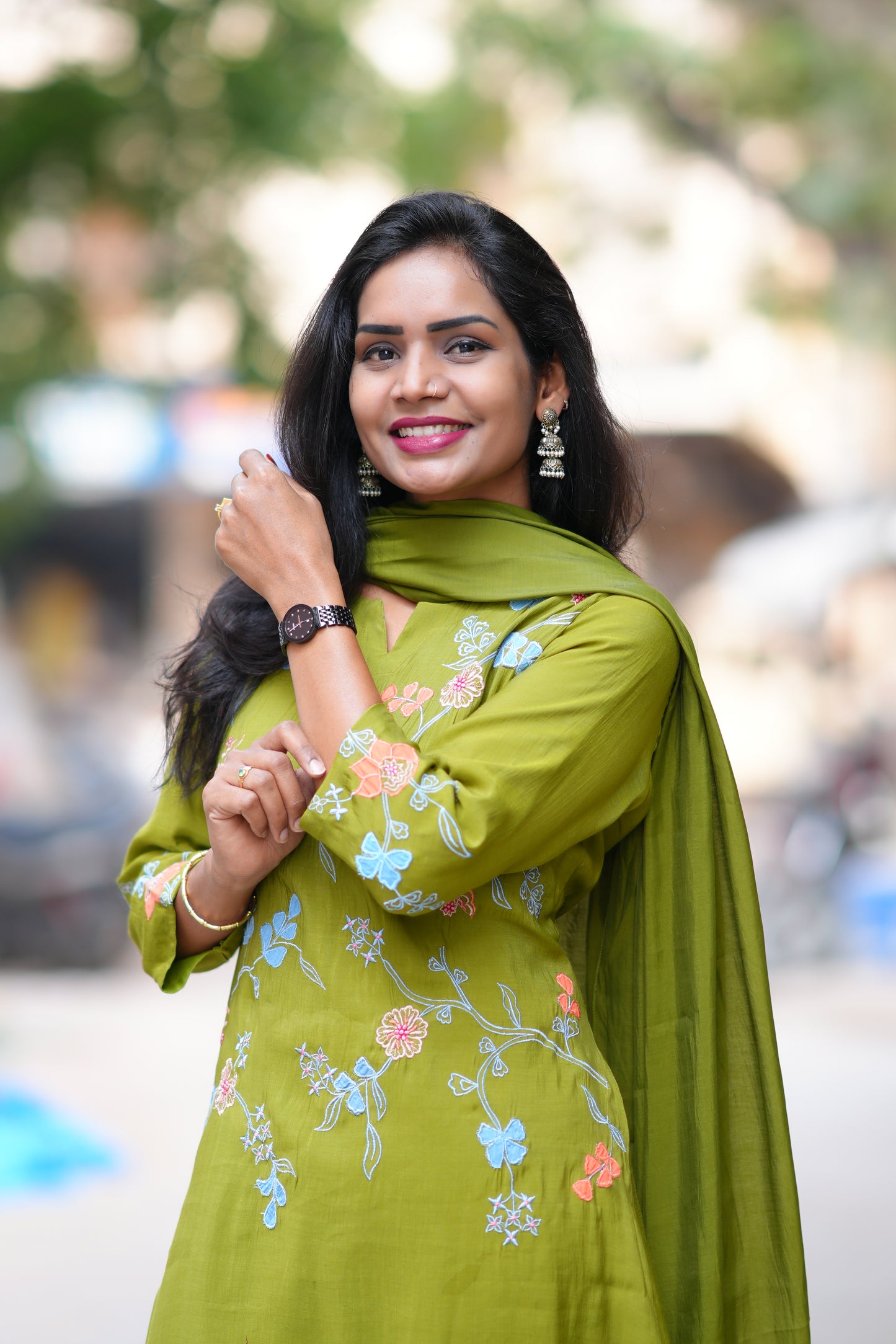 Olive Green Color Mul Chanderi Designer 3 Piece Set With Complete Lining