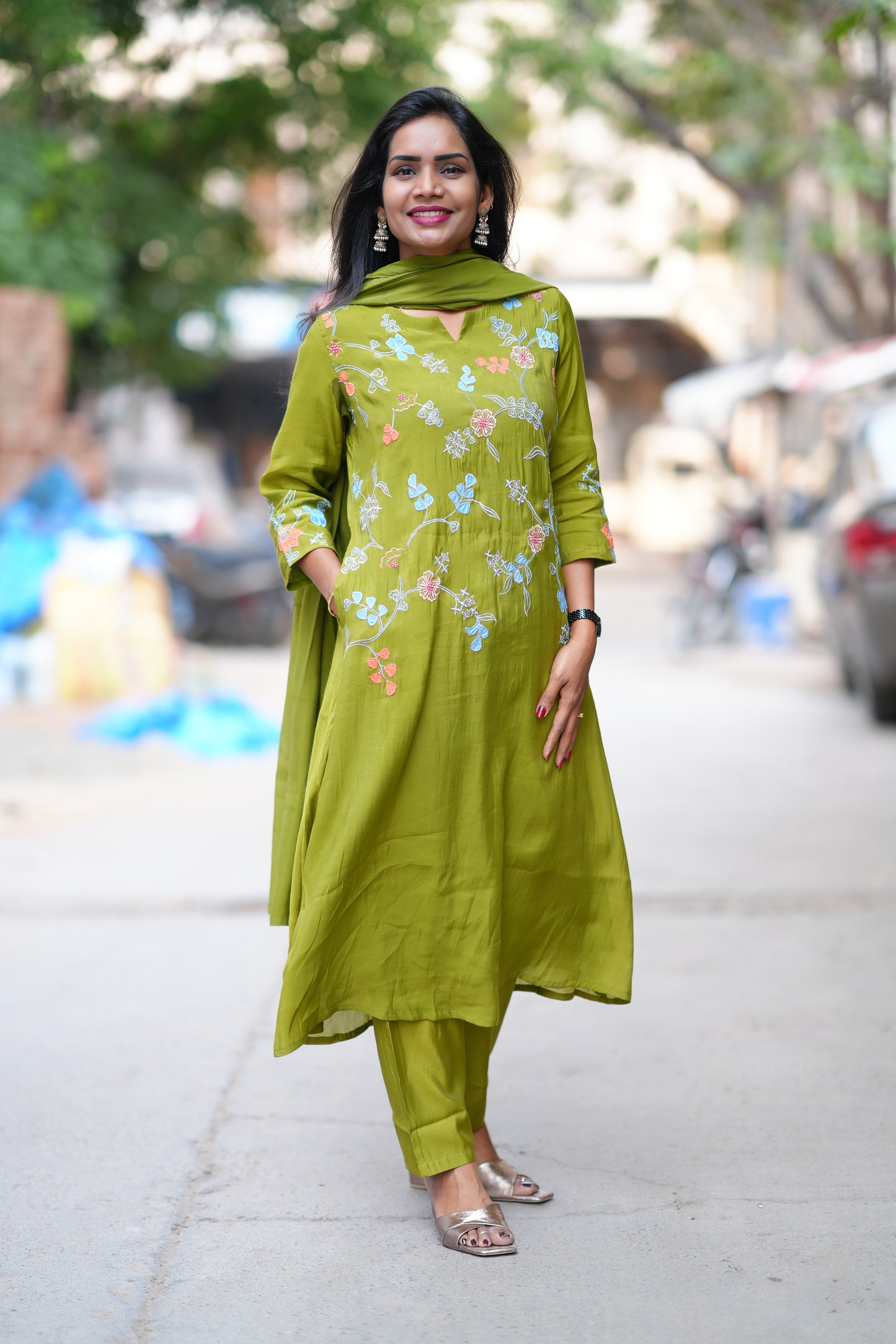 Olive Green Color Mul Chanderi Designer 3 Piece Set With Complete Lining