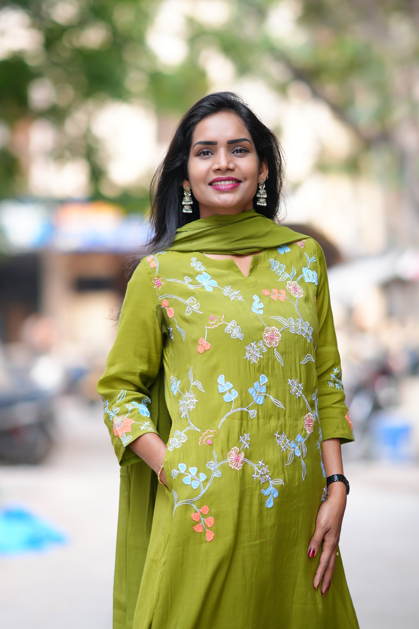 Olive Green Color Mul Chanderi Designer 3 Piece Set With Complete Lining