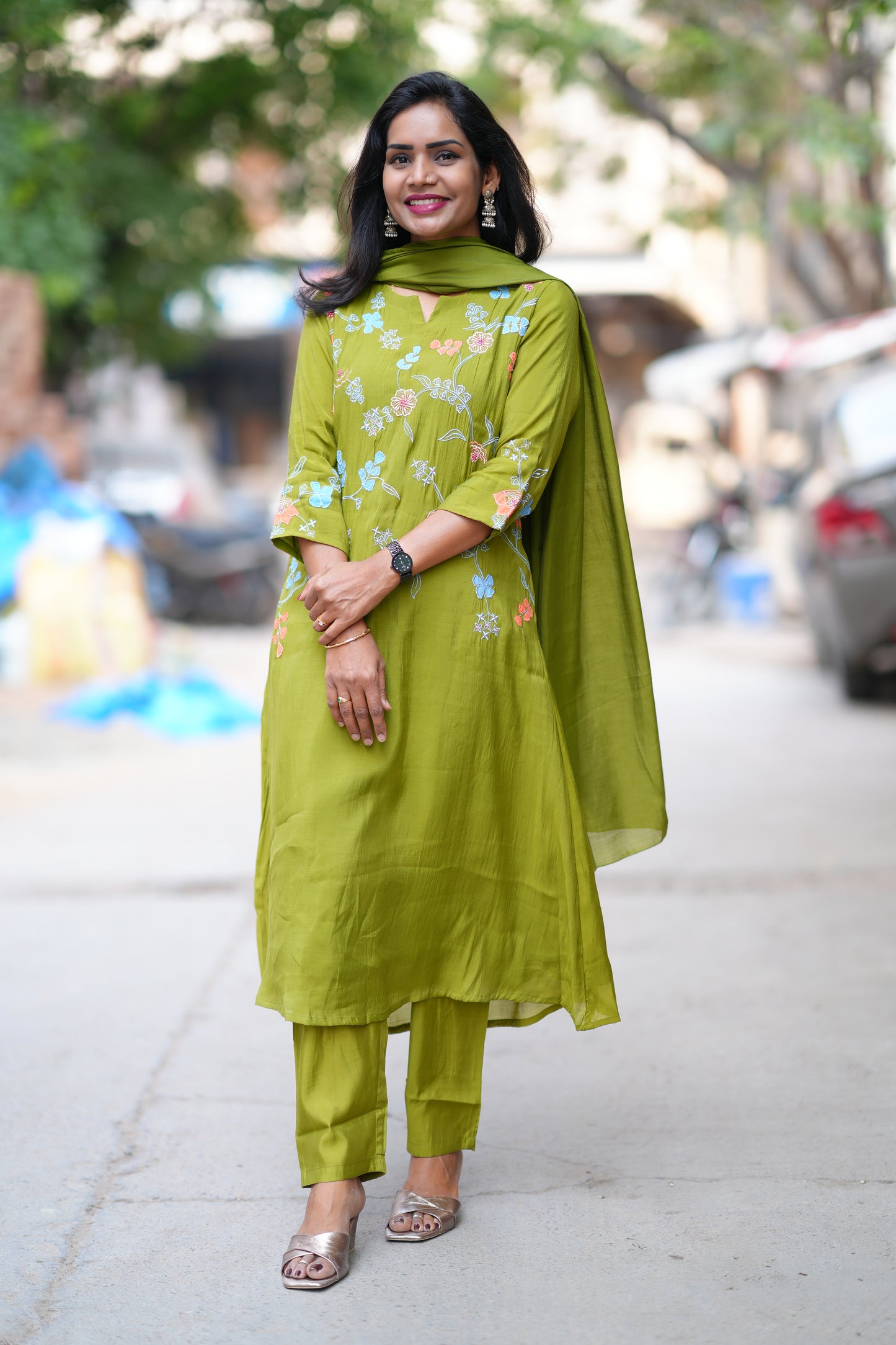 Olive Green Color Mul Chanderi Designer 3 Piece Set With Complete Lining