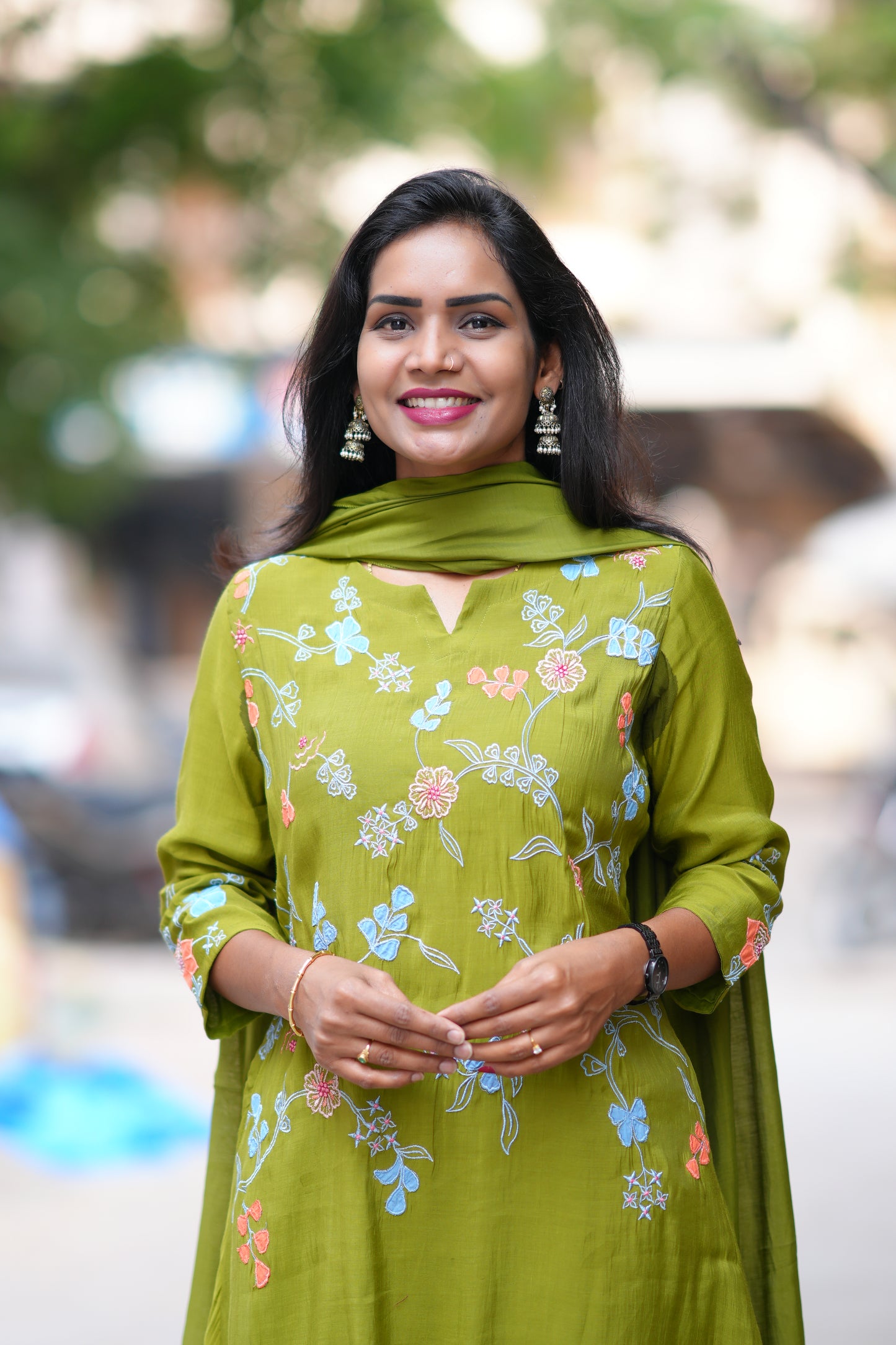 Olive Green Color Mul Chanderi Designer 3 Piece Set With Complete Lining